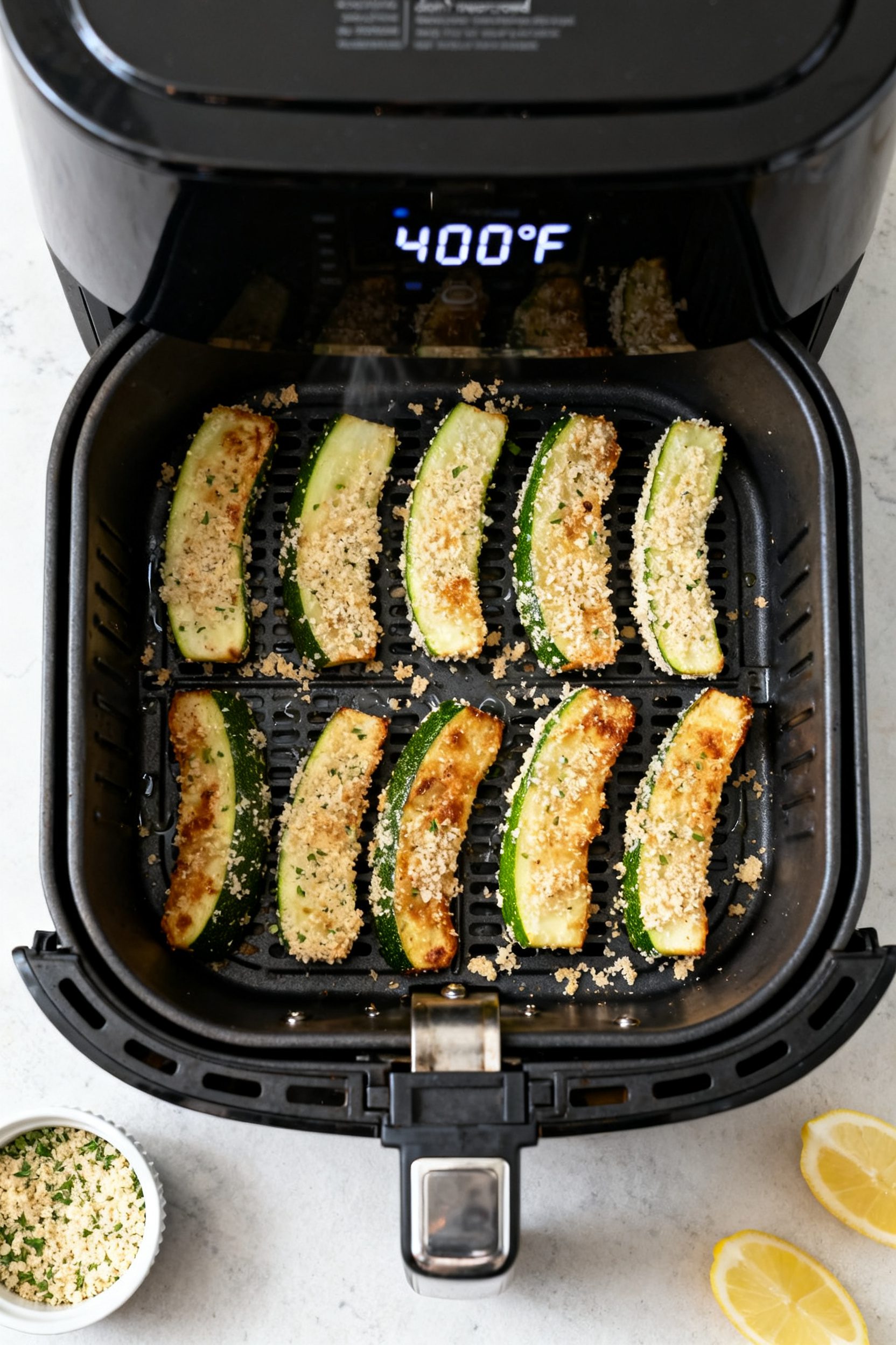 Cooking process: Overhead shot of a single air fryer basket arranged in a neat single layer of coate