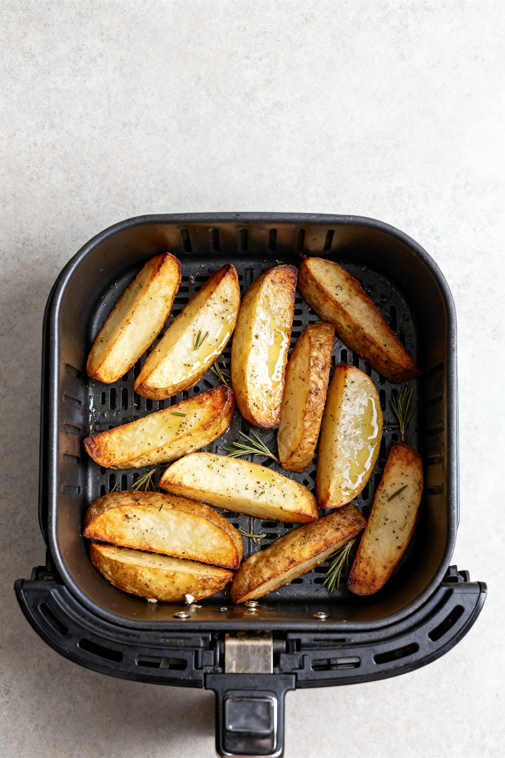 Cooking process: Overhead shot of a single-layer batch of thick-cut pub chips in an air fryer drawer