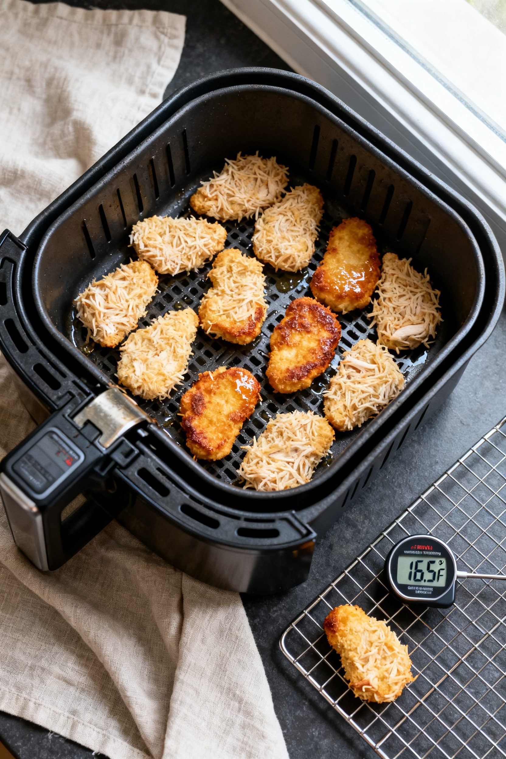 Cooking process: Overhead shot of a single layer of shaped, coated shredded chicken nuggets mid-air-