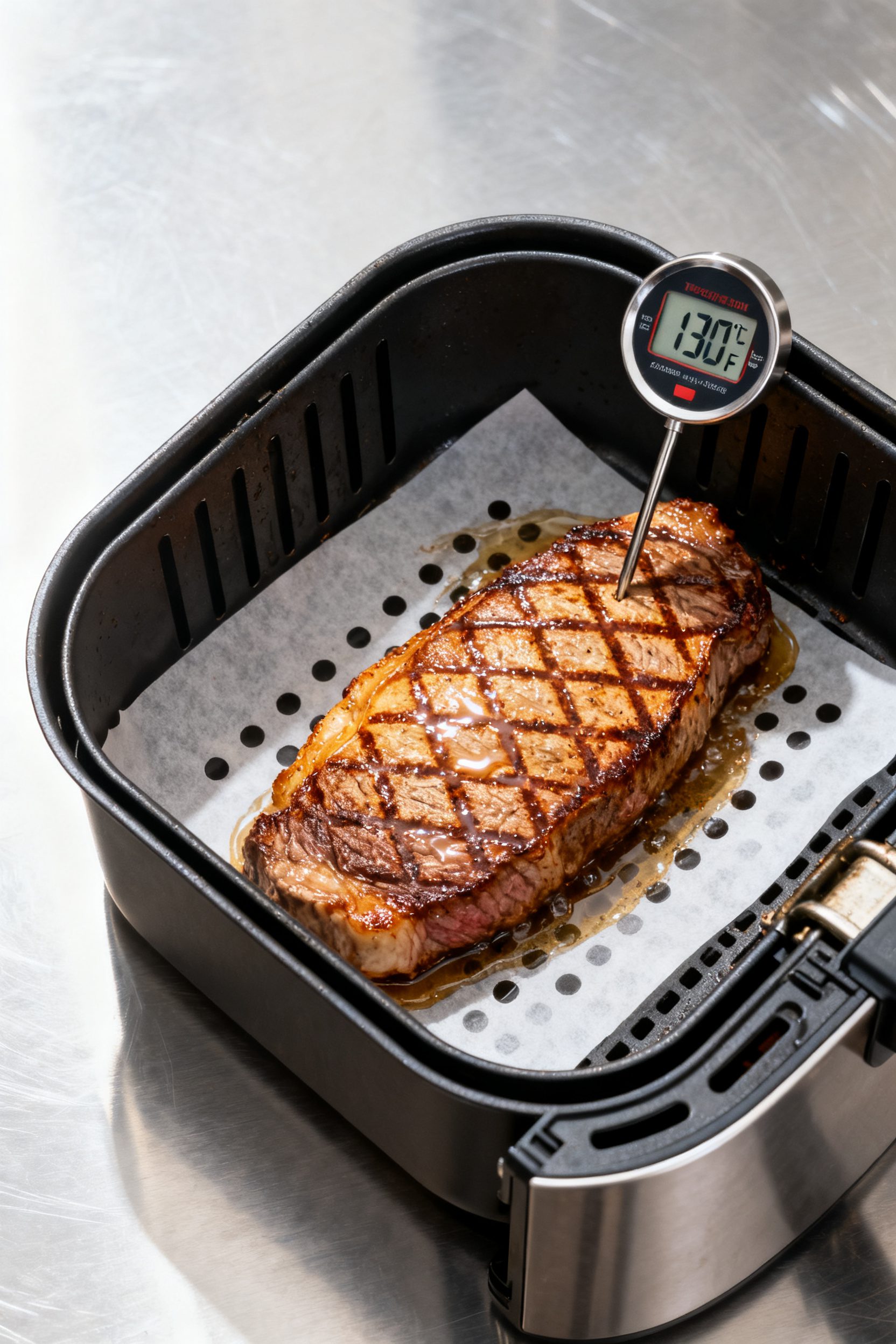 Cooking process: Overhead shot of a single New York strip in an open air fryer basket at 400°F mid-