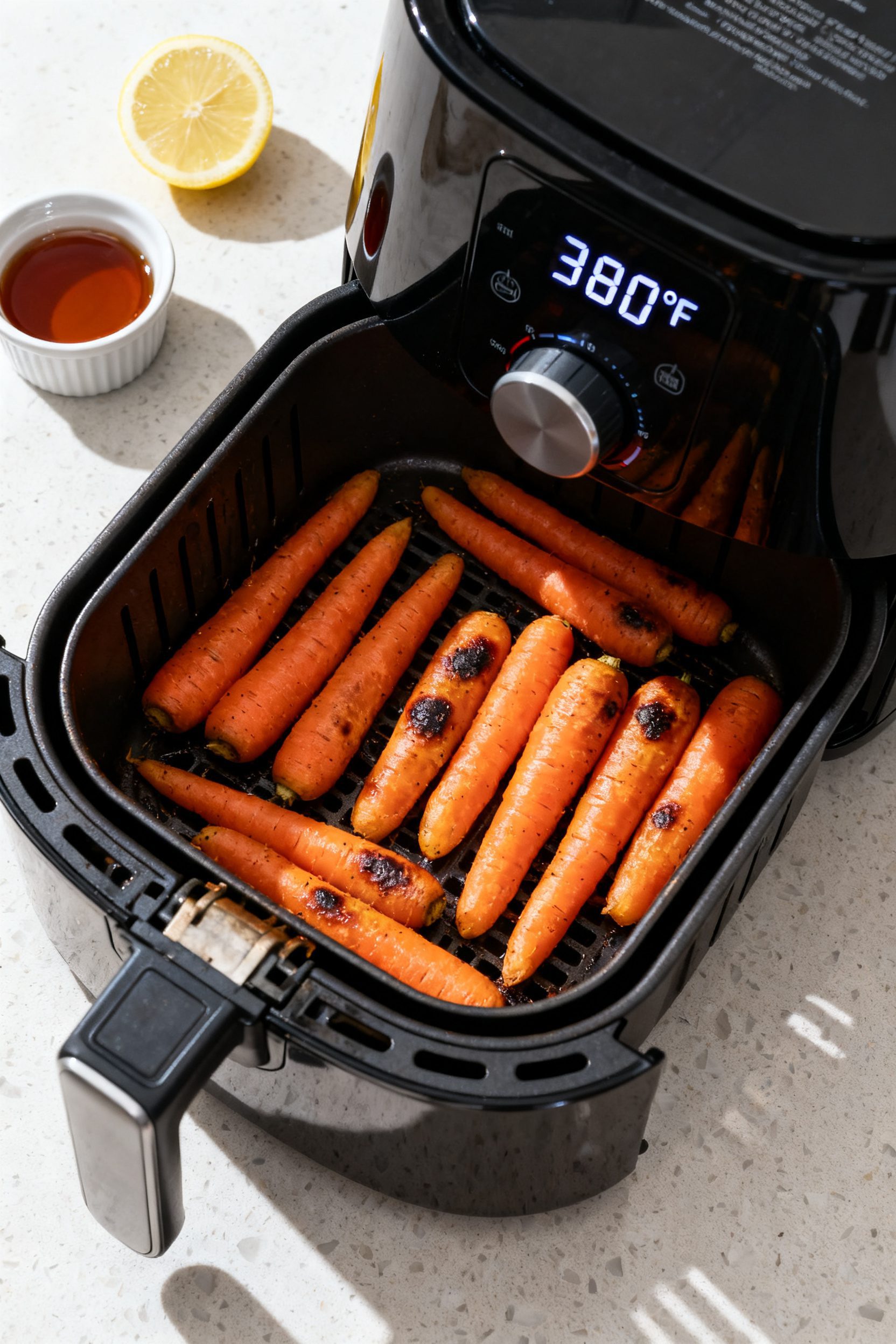 Cooking process: Overhead shot of an air fryer basket mid-cook after the halfway shake, baby carrots
