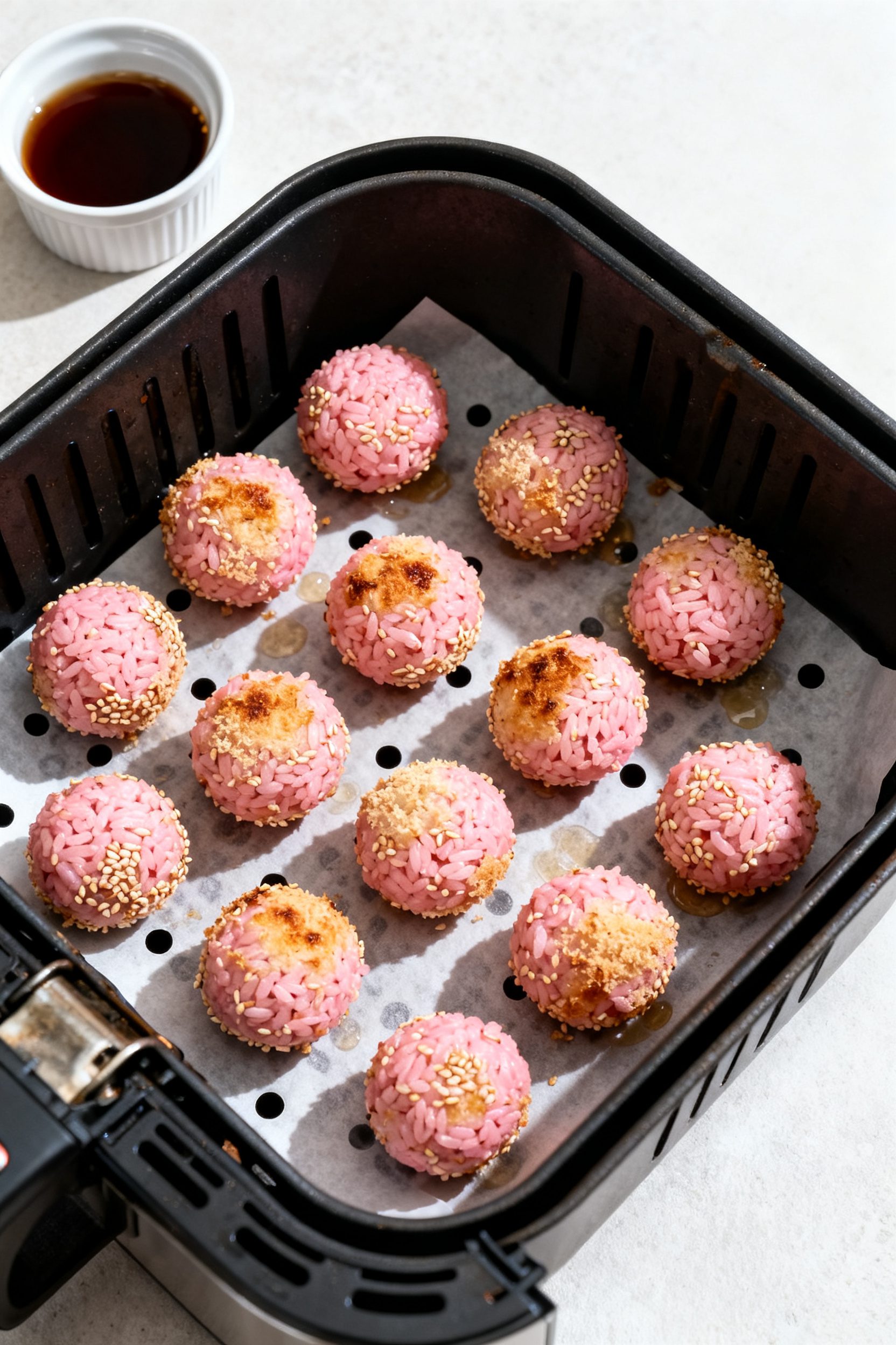 Cooking process: Overhead shot of an air fryer basket loaded with evenly spaced pink rice balls (gol
