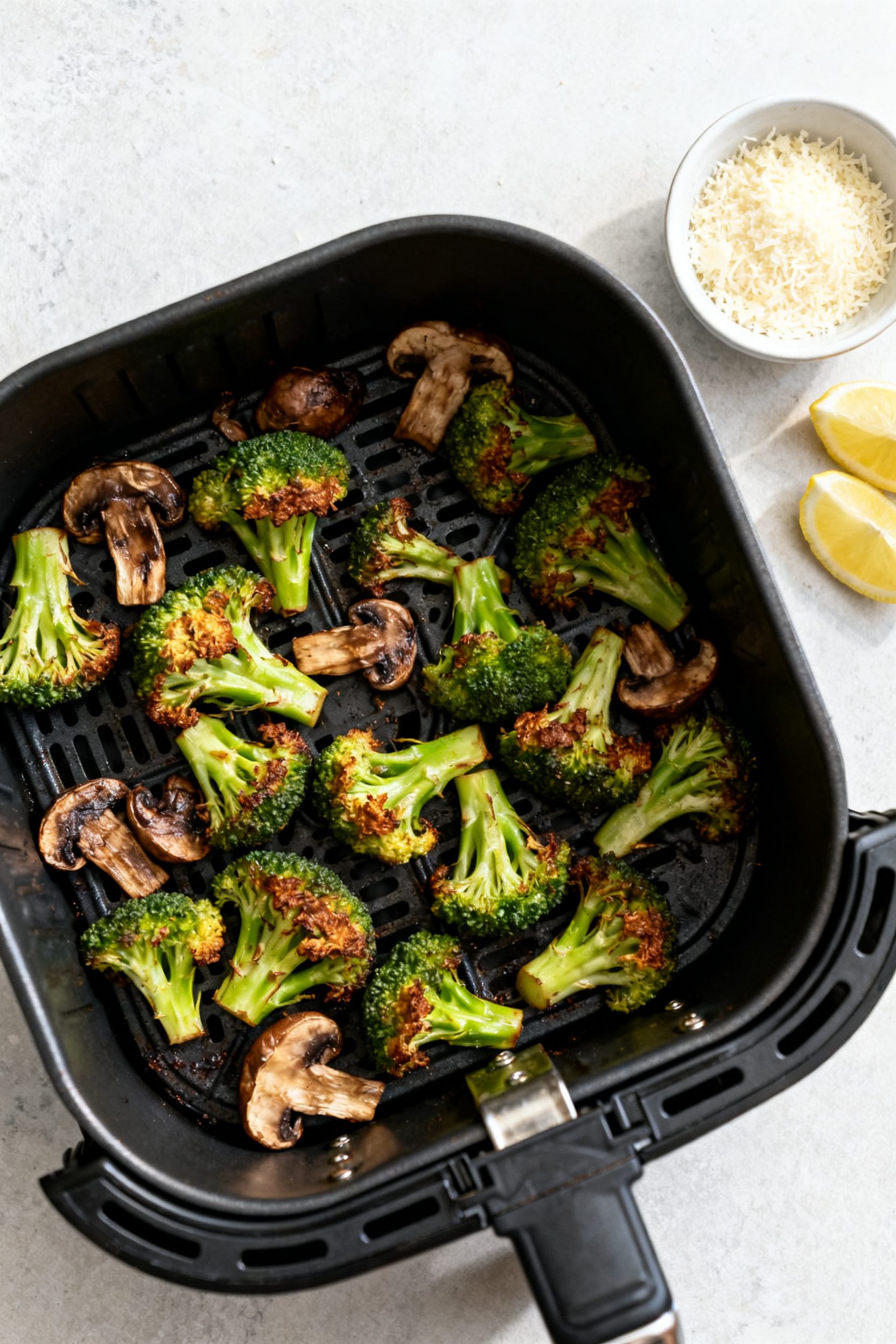 Cooking process: Overhead shot of an air fryer basket mid-cook at 400°F, vegetables spread in a sin