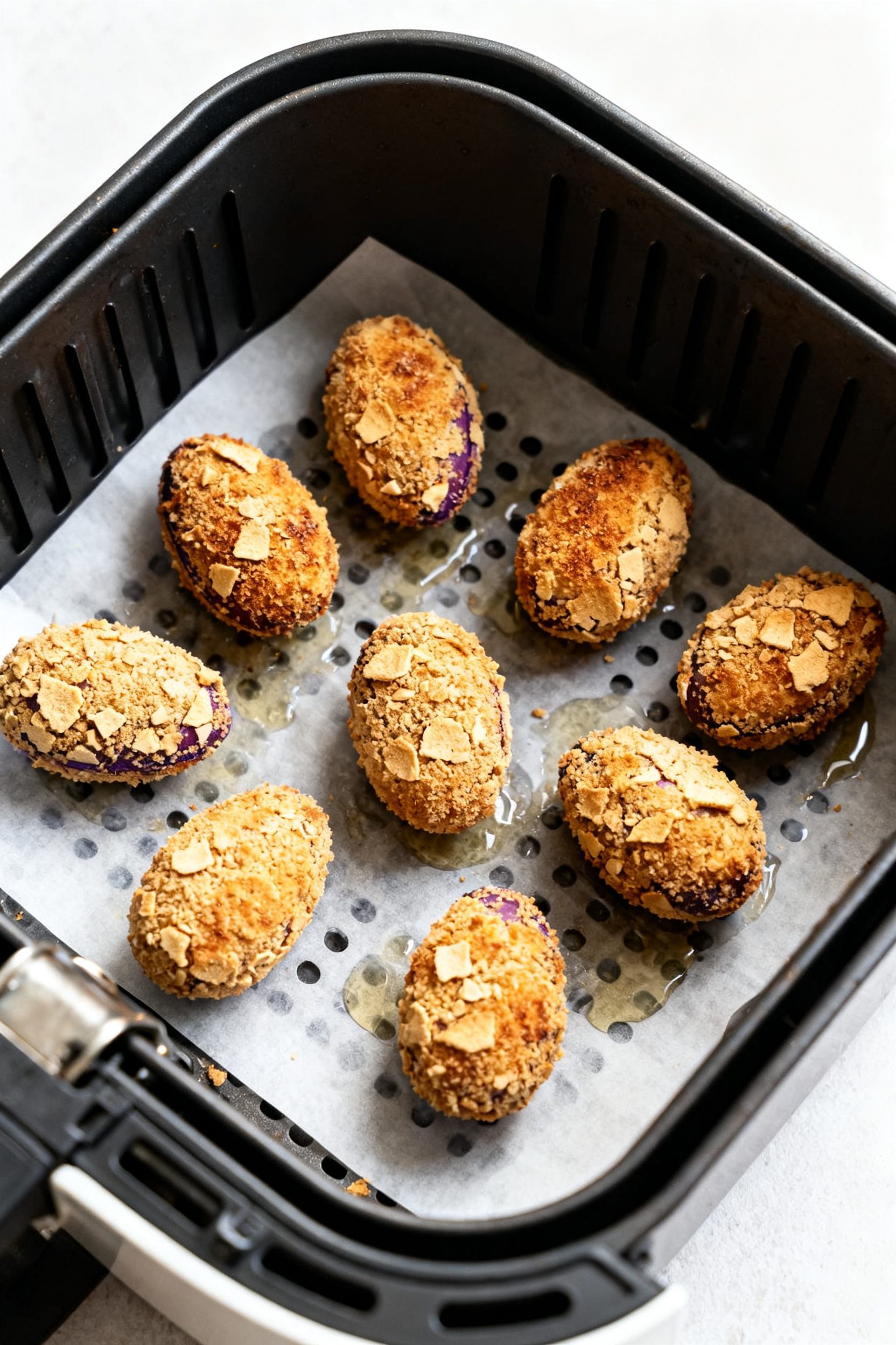 Cooking process: Overhead shot of an air fryer basket with spaced-apart crumb-coated full-size Cadbu