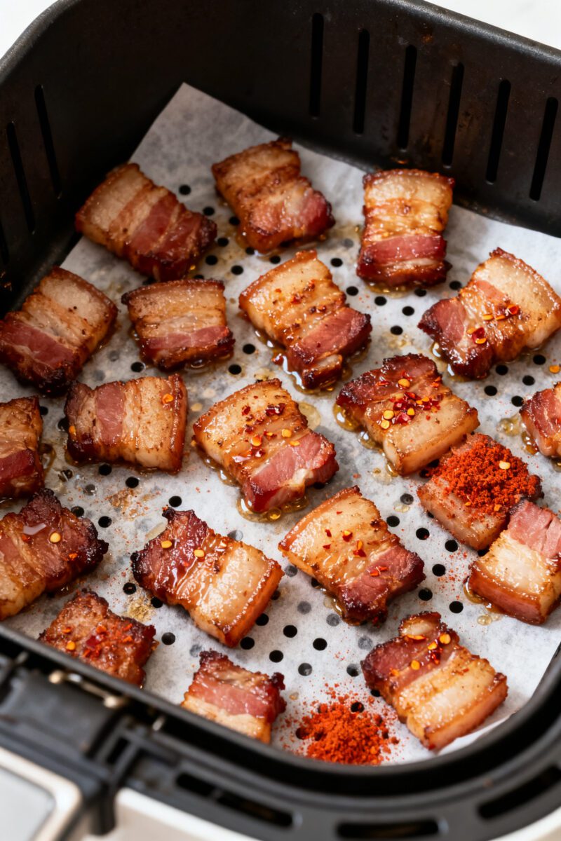 Cooking process: Overhead shot of an air fryer basket mid-cook at 370°F, bite-sized bacon pieces in