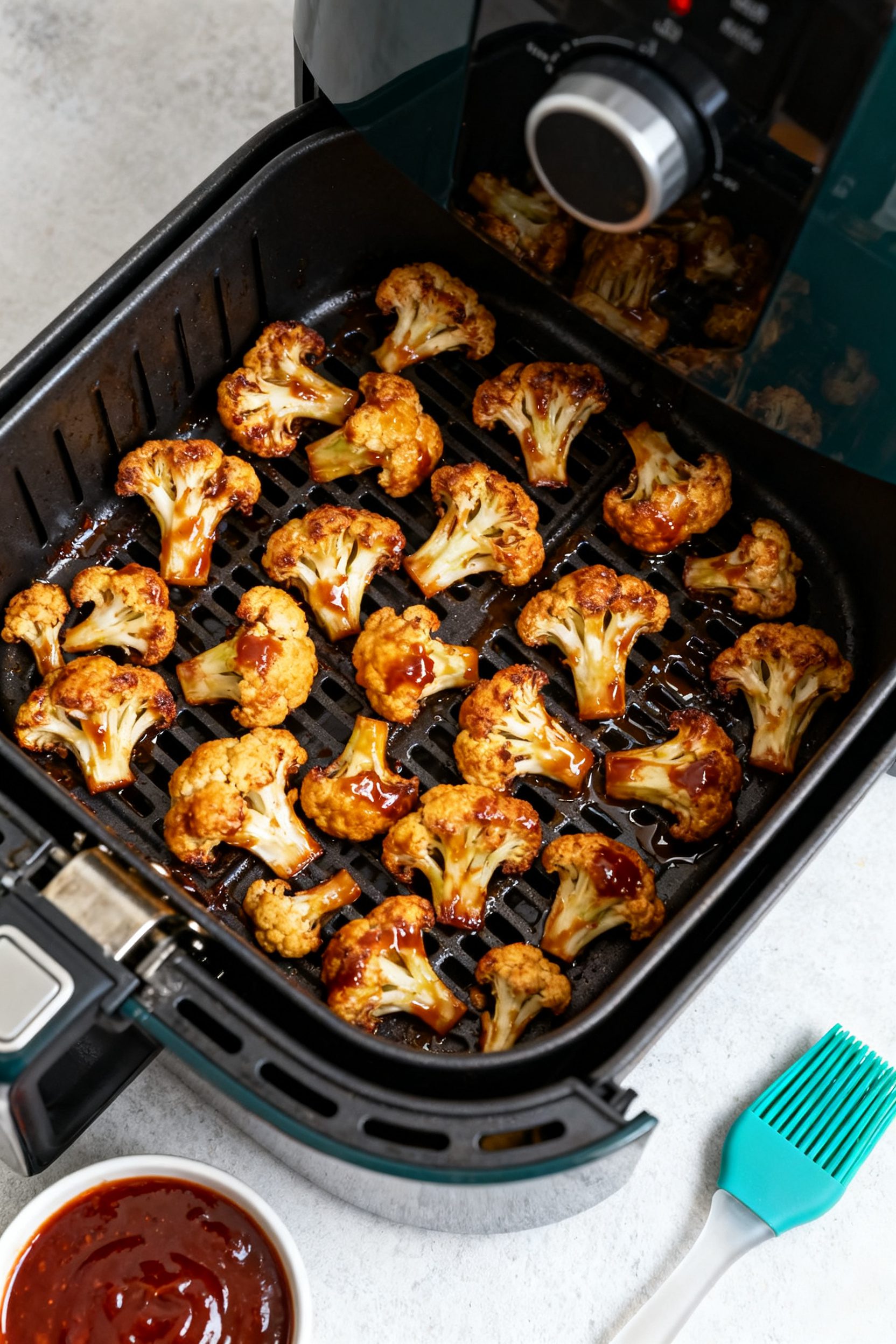 Cooking process: Overhead shot of an open air fryer basket with a single, evenly spaced layer of sau
