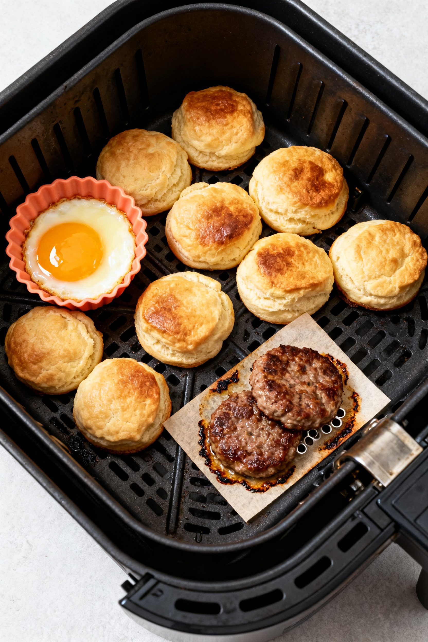 Cooking process: Overhead shot of an open air fryer basket mid-cook, showing evenly spaced biscuits 