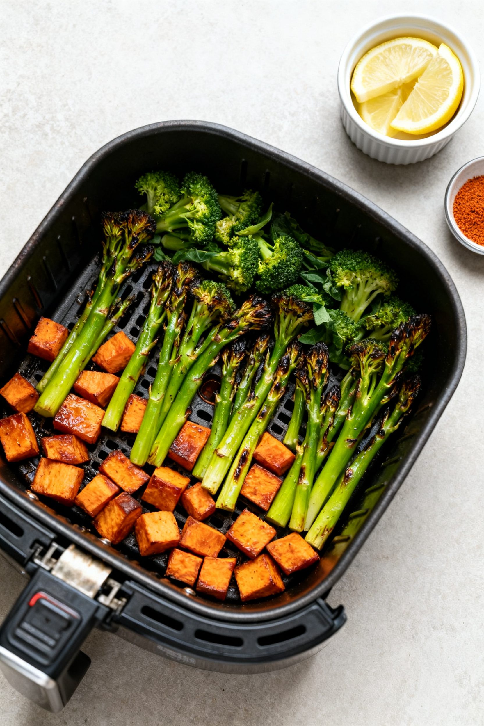 Cooking process: Overhead shot of an open air fryer basket at 390°F mid-cook, with caramelizing swe