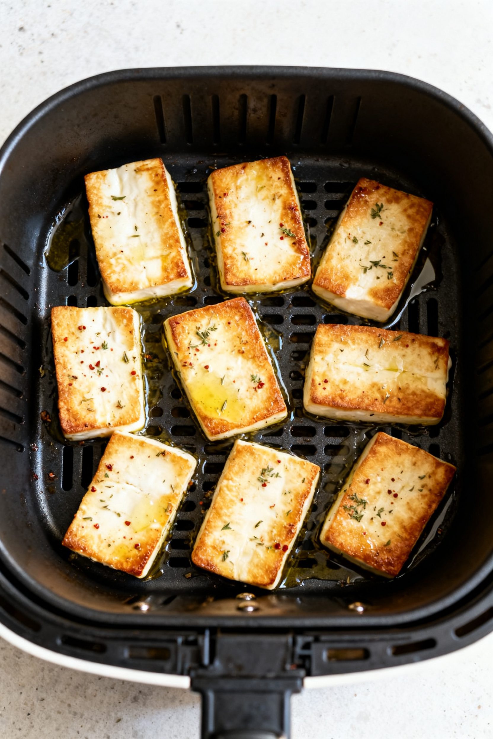 Cooking process: Overhead shot of an open air fryer basket with halloumi arranged in a single, uncro