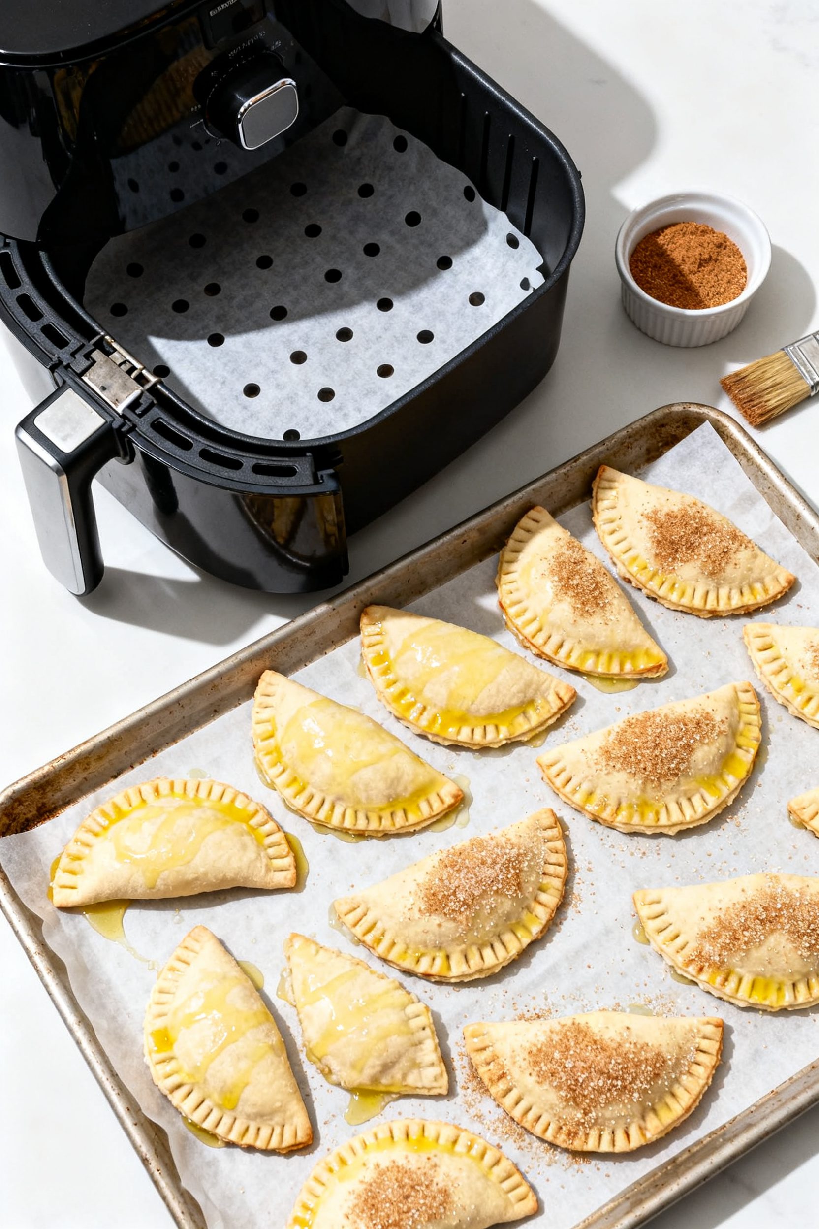 Cooking process: Overhead shot of assembled hand pies chilling on a parchment-lined tray before air 
