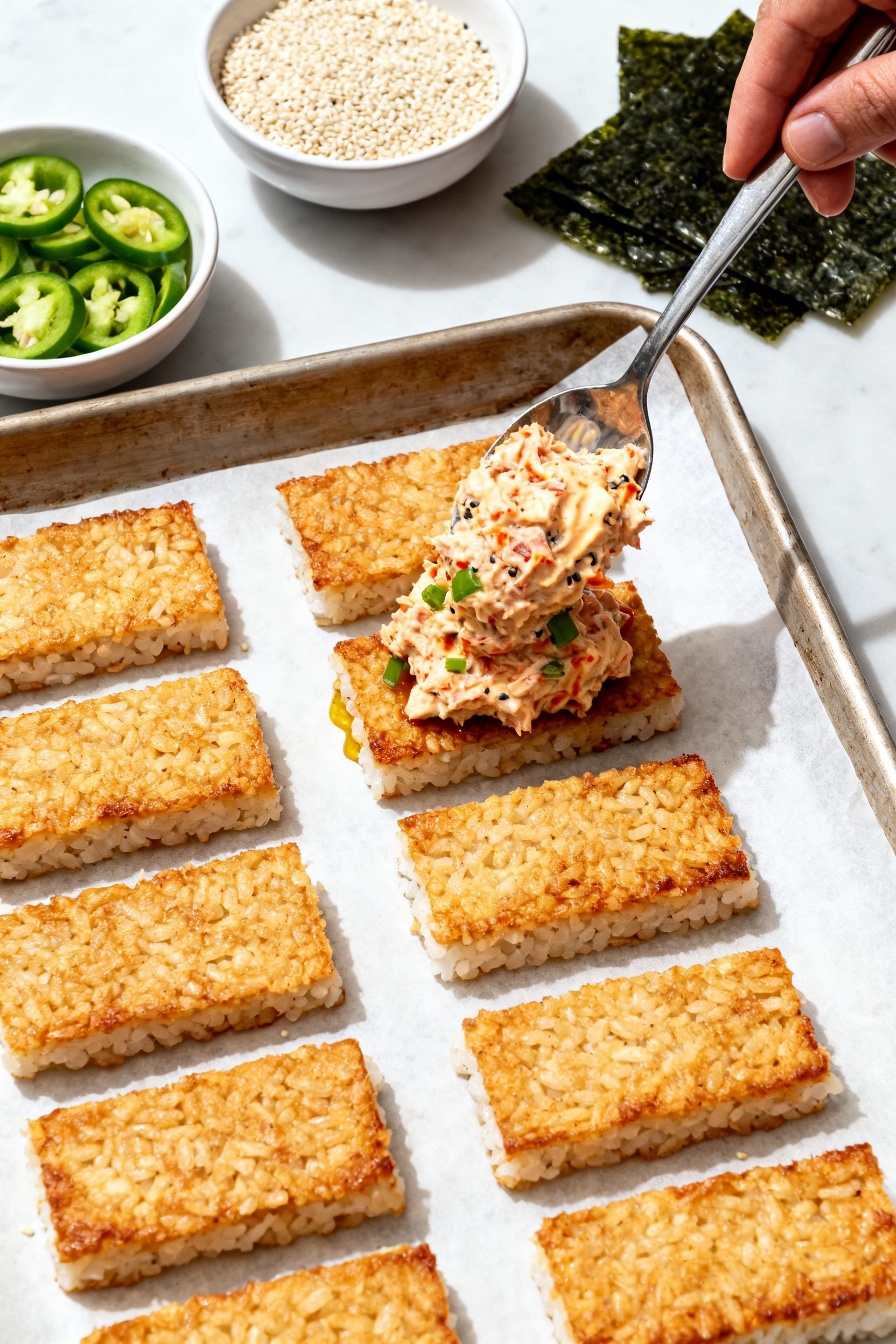 Cooking process: Overhead shot of assembly in progress—rows of hot, crisp rice rectangles on a par