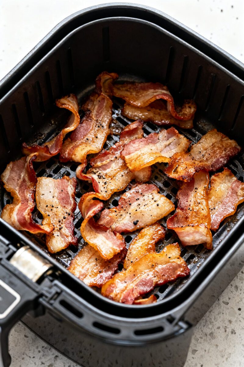 Cooking process: Overhead shot of bacon pieces mid-cook in an air fryer basket at 375°F, single loo