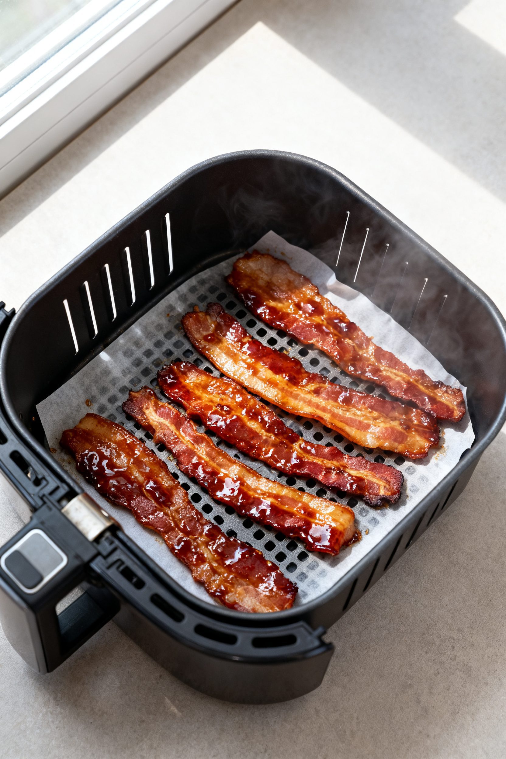 Cooking process: Overhead shot of bacon strips in an air fryer basket mid-cook after the flip, evenl