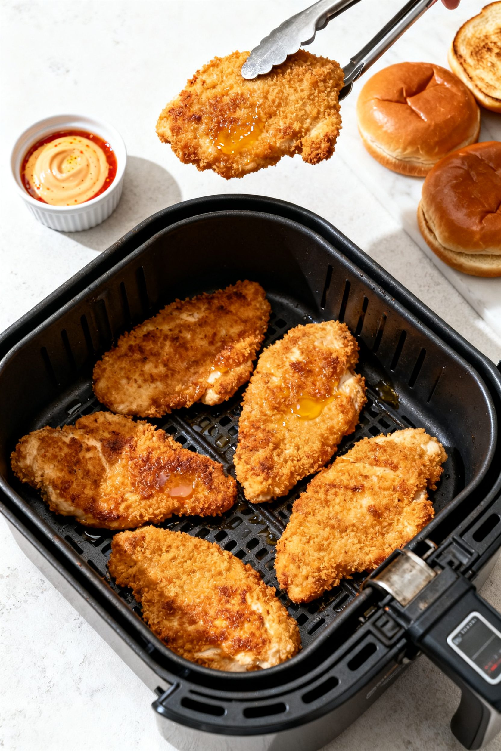 Cooking process: Overhead shot of breaded chicken cutlets in a preheated air fryer basket at 390°F,
