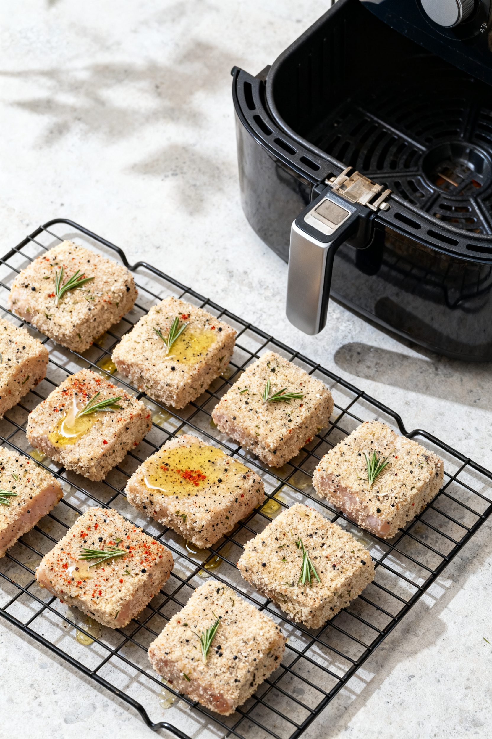 Cooking process: Overhead shot of breaded cube steaks resting on a wire rack before cooking, showing