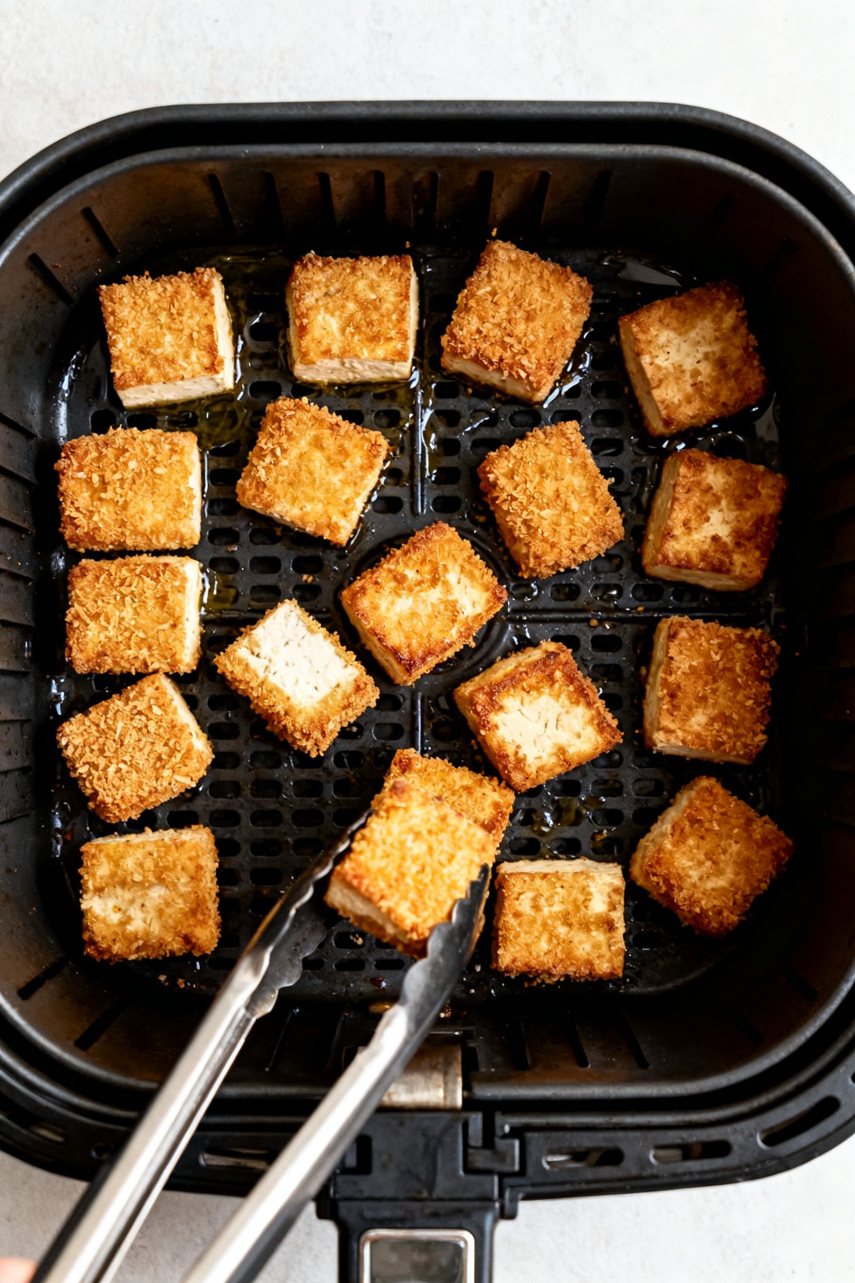Cooking process: Overhead shot of breaded tofu nuggets arranged in a single layer in a preheated air