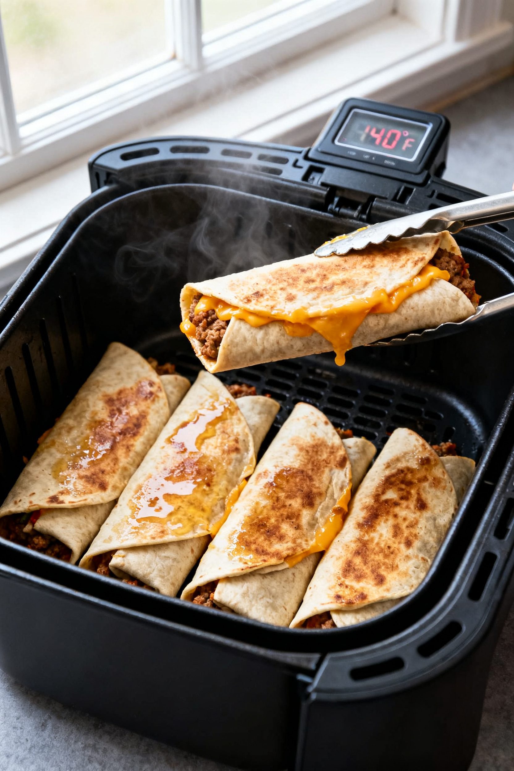Cooking process: Overhead shot of burrito-style cheeseburger wraps arranged seam-side down in an air