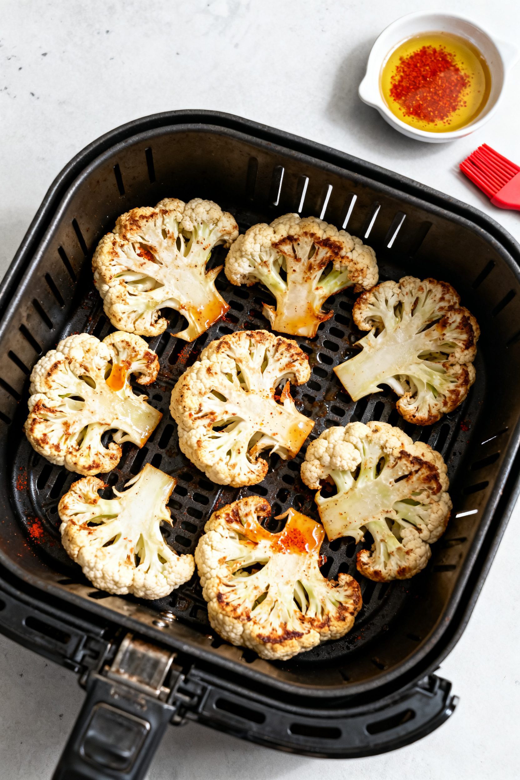 Cooking process: Overhead shot of cauliflower steaks arranged in a single layer in an open air fryer