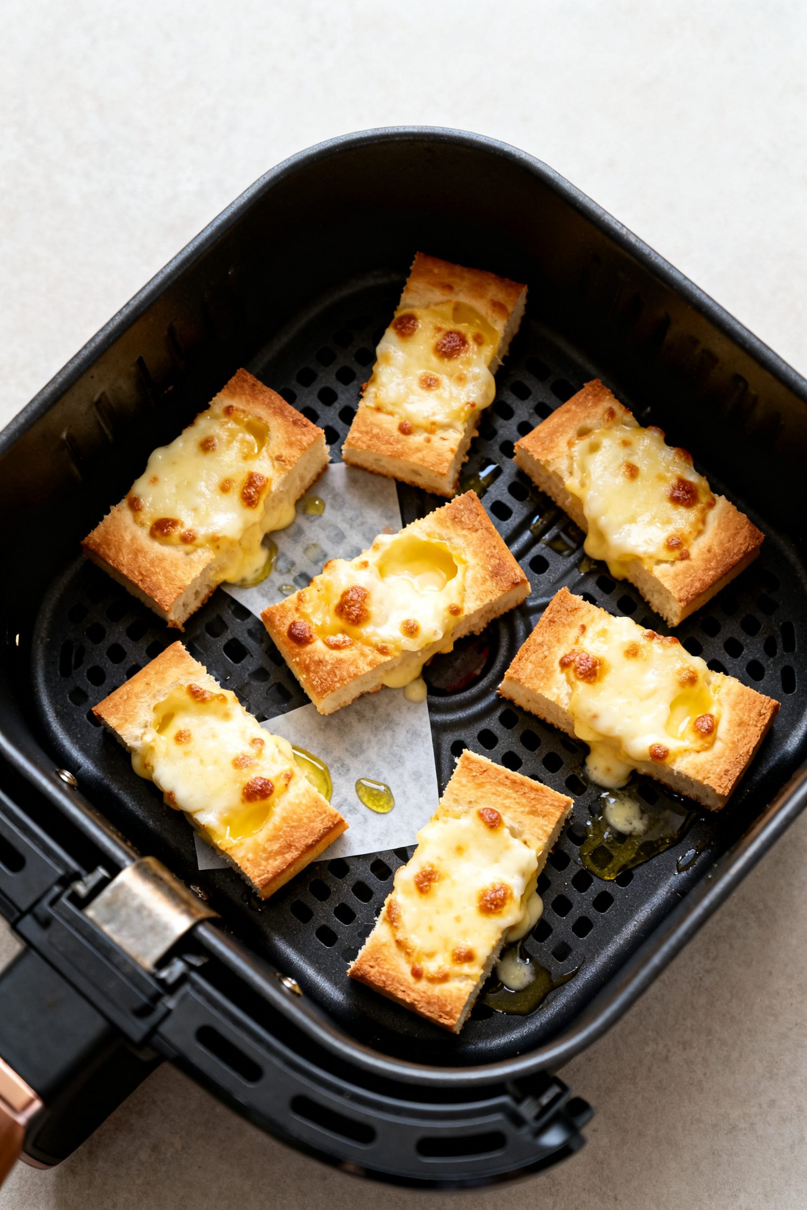 Cooking process: Overhead shot of cheese bread sticks mid-cook in an air fryer tray, pre-cut 1-inch 