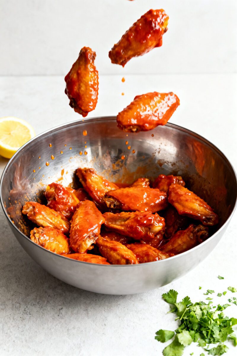 Cooking process: Overhead shot of cooked wings being tossed in a large stainless bowl with a glossy