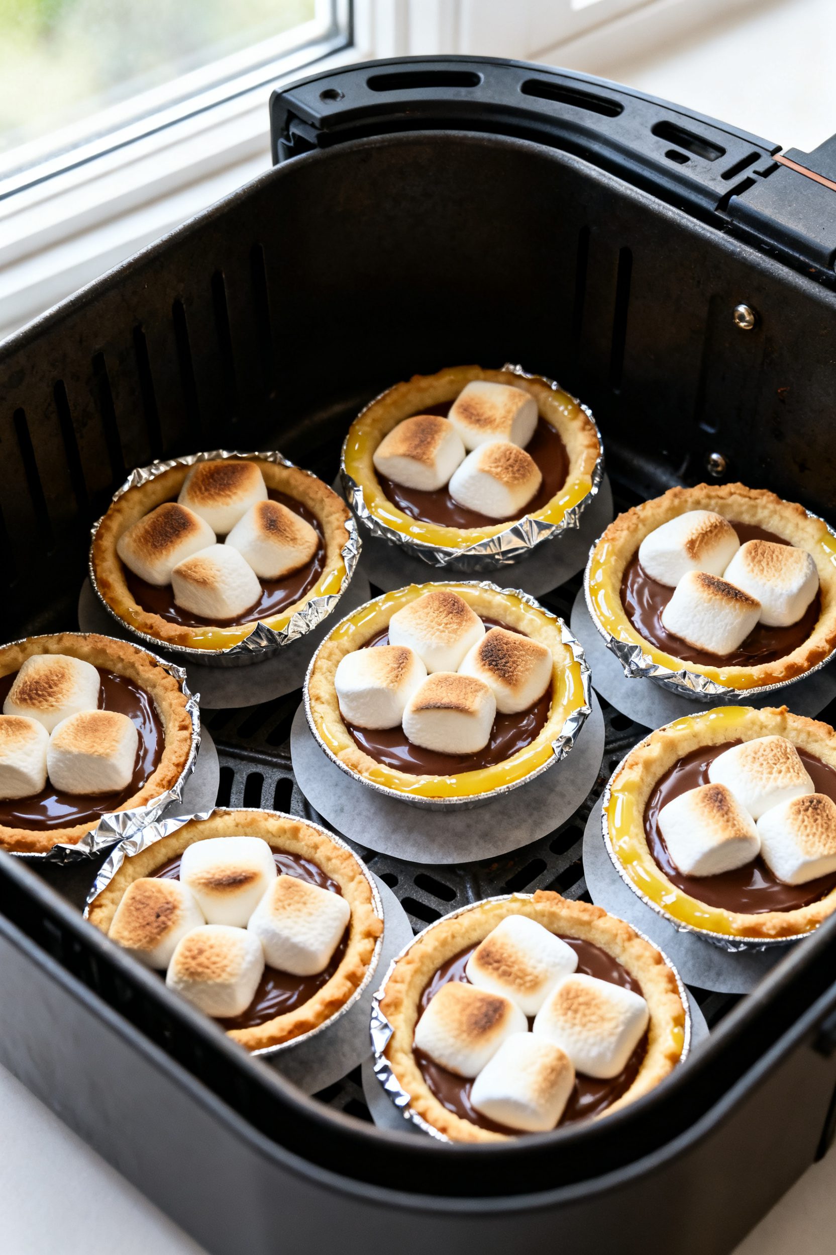 Cooking process: Overhead shot of multiple mini s’mores pies inside an air fryer basket mid-toast