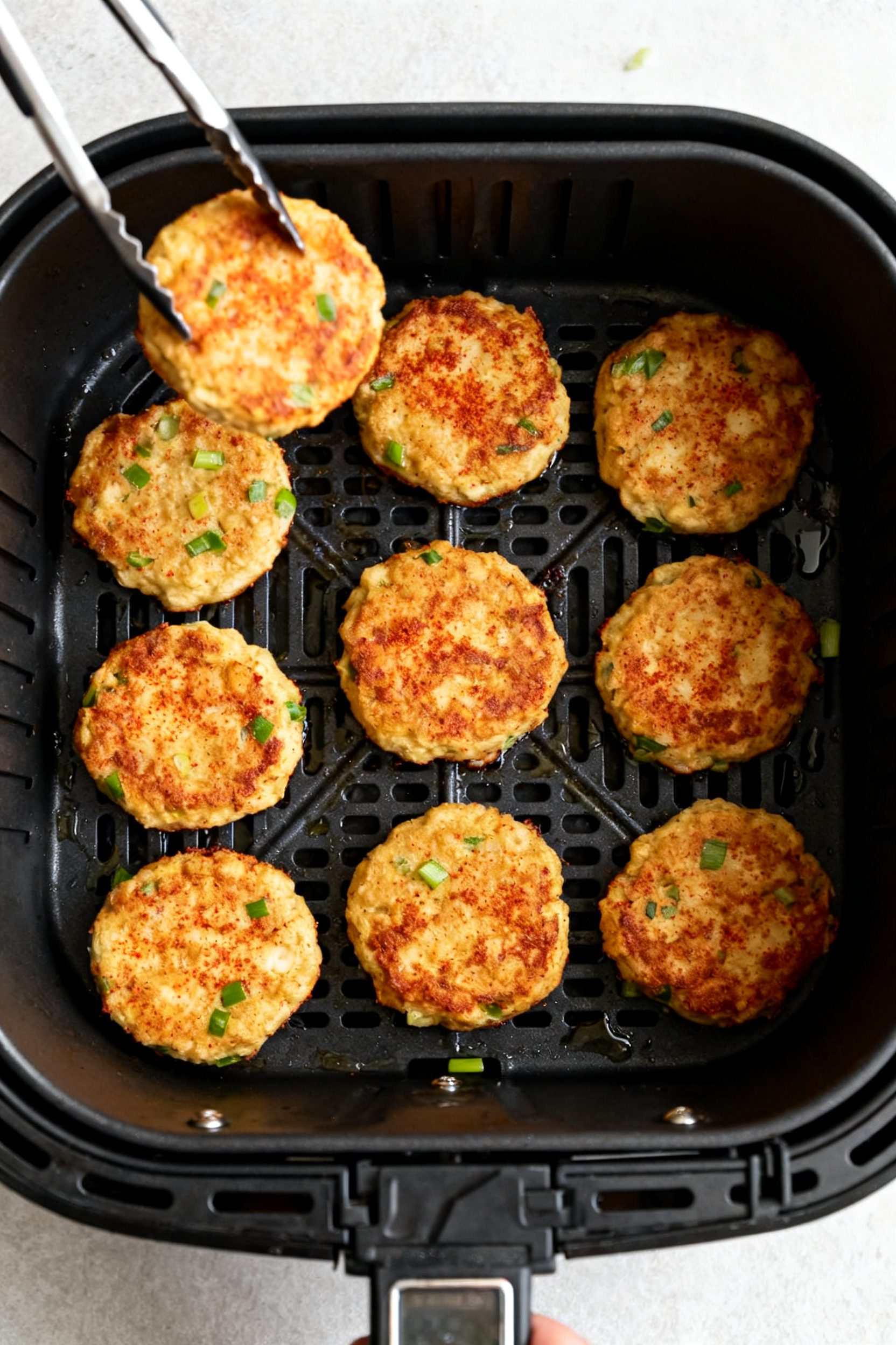 Cooking process: Overhead shot of neatly arranged 1/2-inch-thick fritter patties in a preheated air 