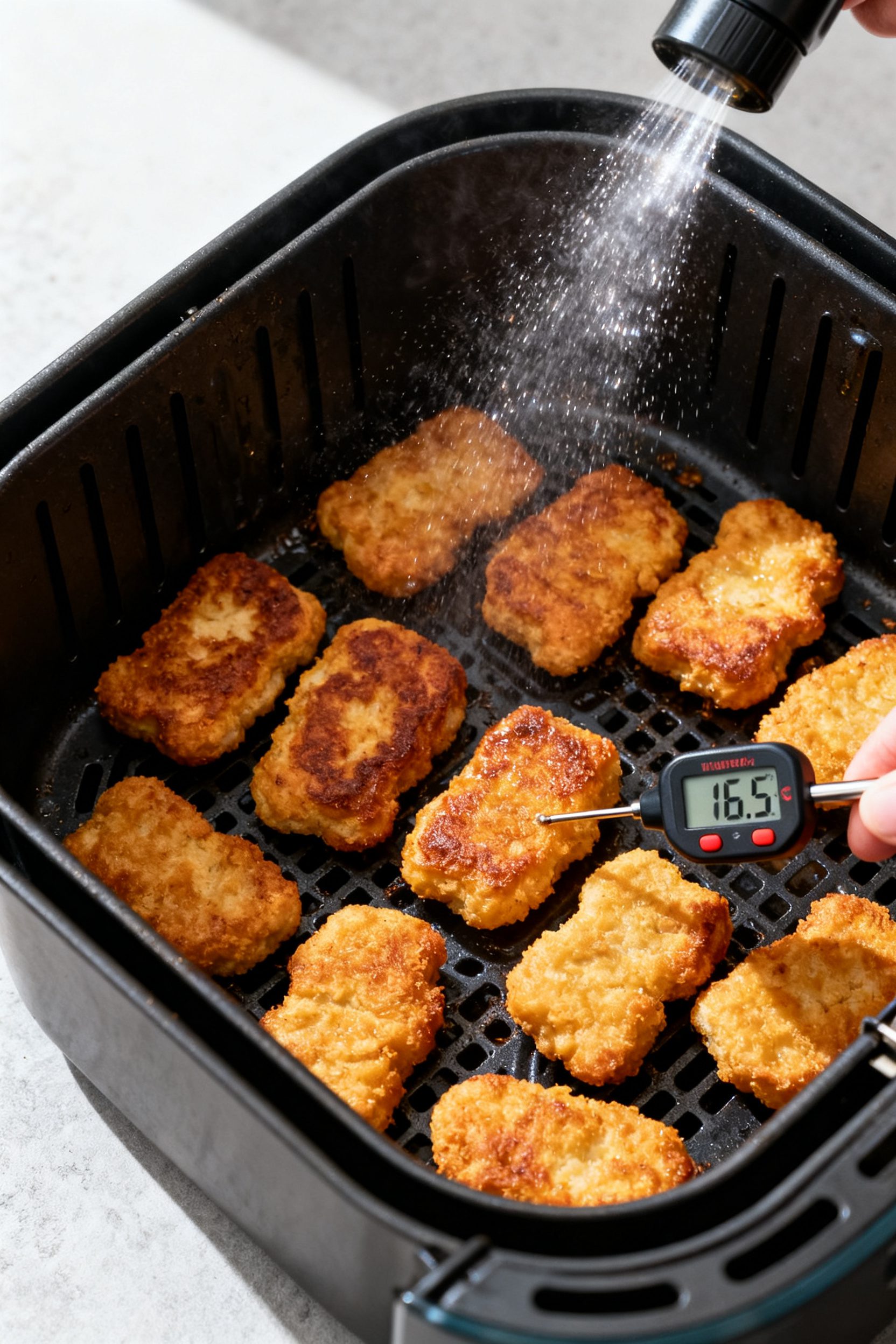 Cooking process: Overhead shot of nuggets mid-cook in an air fryer basket at 400°F, arranged in a s