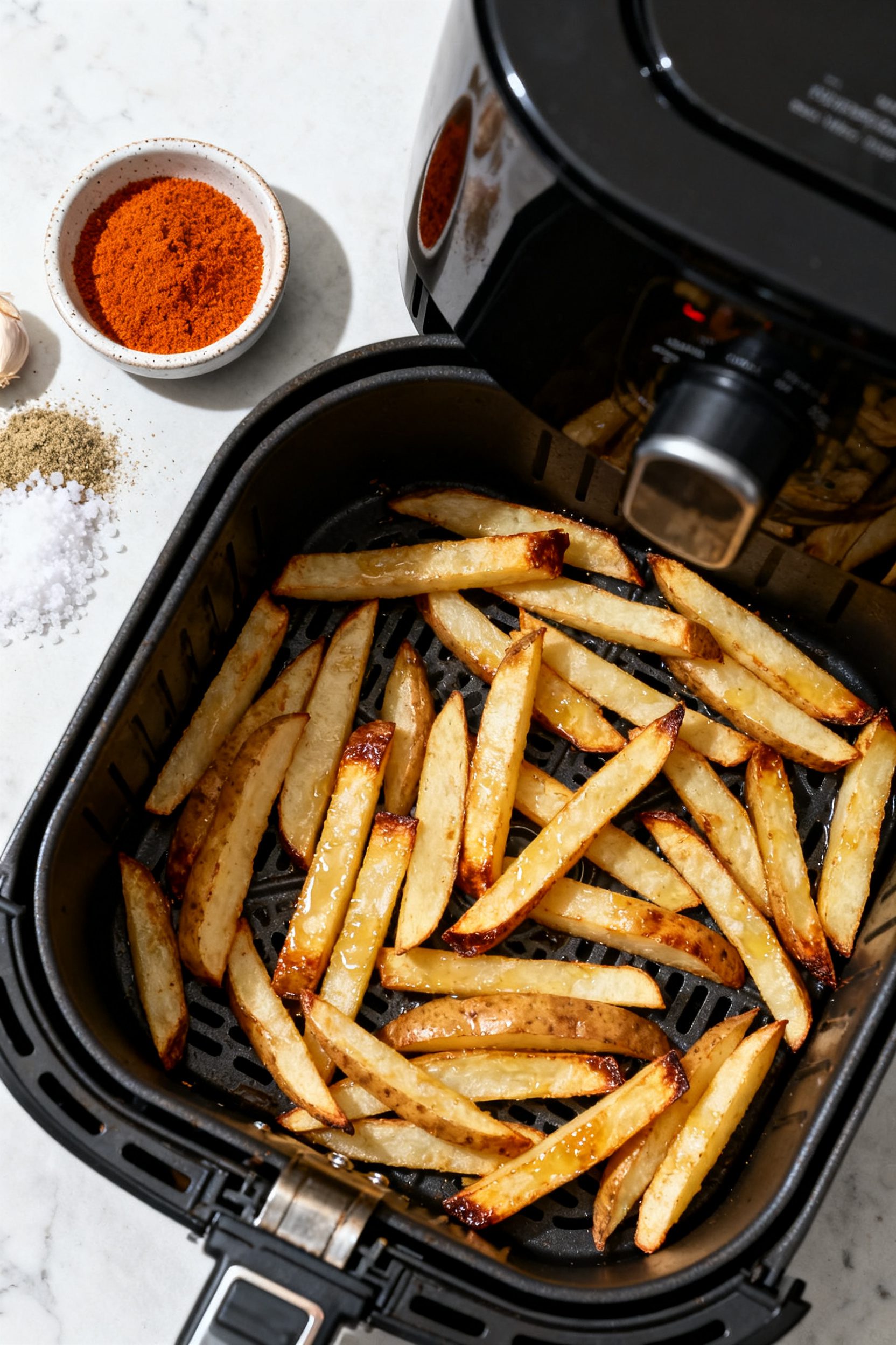 Cooking process: Overhead shot of par-cooked russet fries returning to the preheated air fryer baske