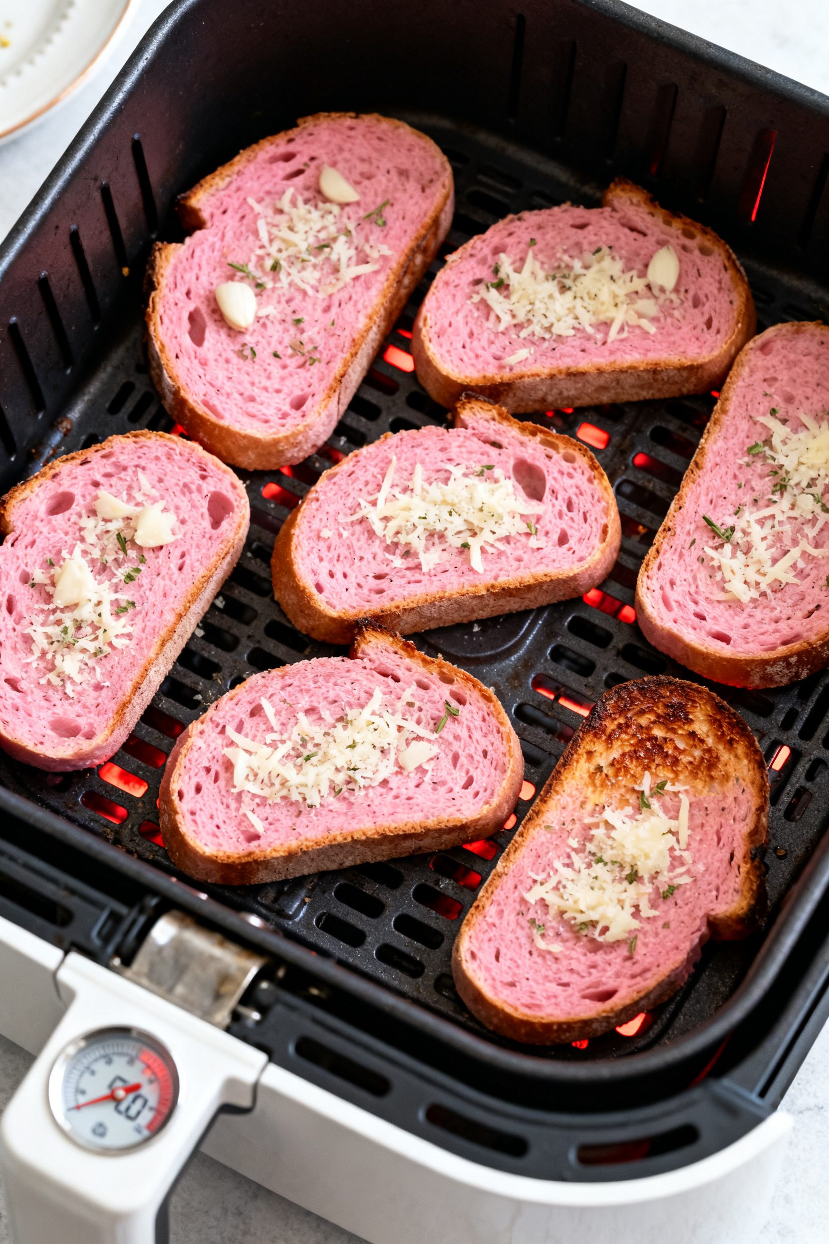 Cooking process: Overhead shot of pink garlic bread slices arranged spread-side up in an air fryer b
