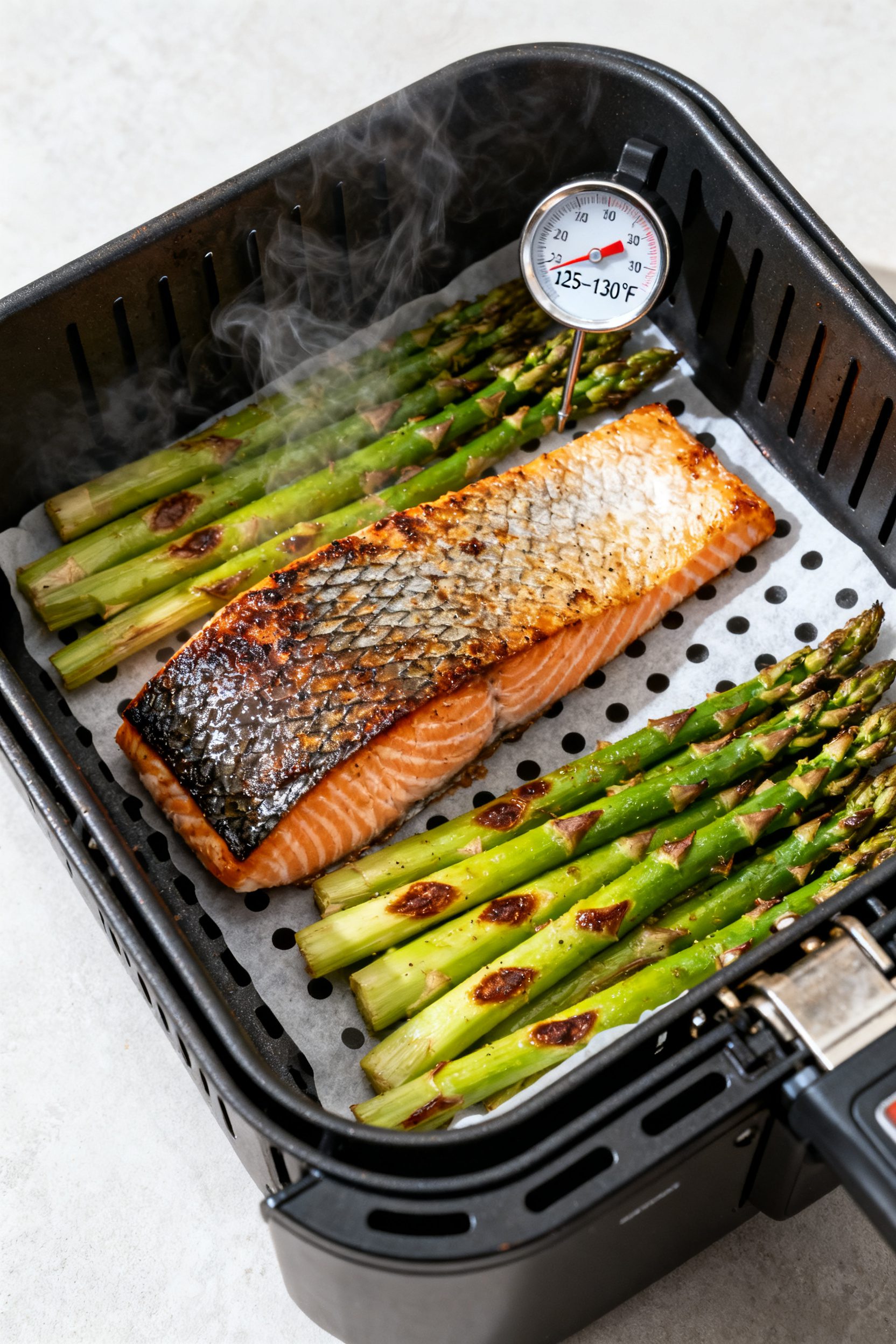 Cooking process: Overhead shot of salmon and asparagus arranged in an air fryer basket, both fully c