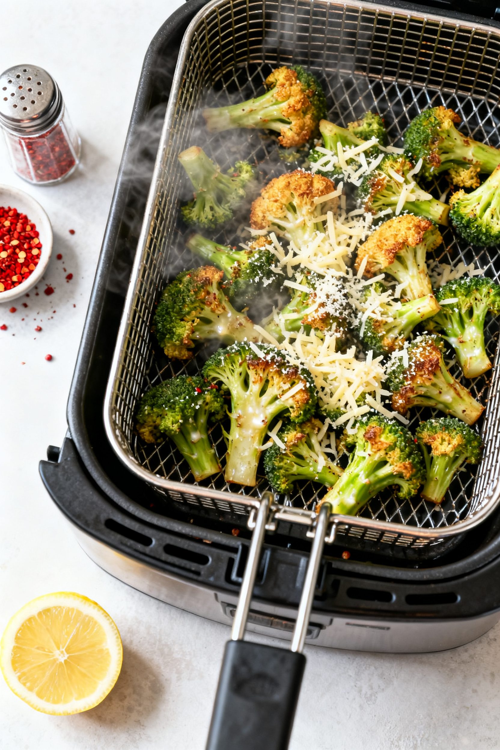 Cooking process: Overhead shot of seasoned broccoli just after the initial air fry in an open air fr