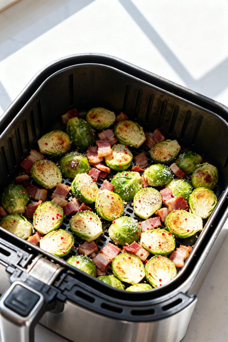 Cooking process: Overhead shot of seasoned Brussels sprouts and chopped thick-cut bacon spread in a