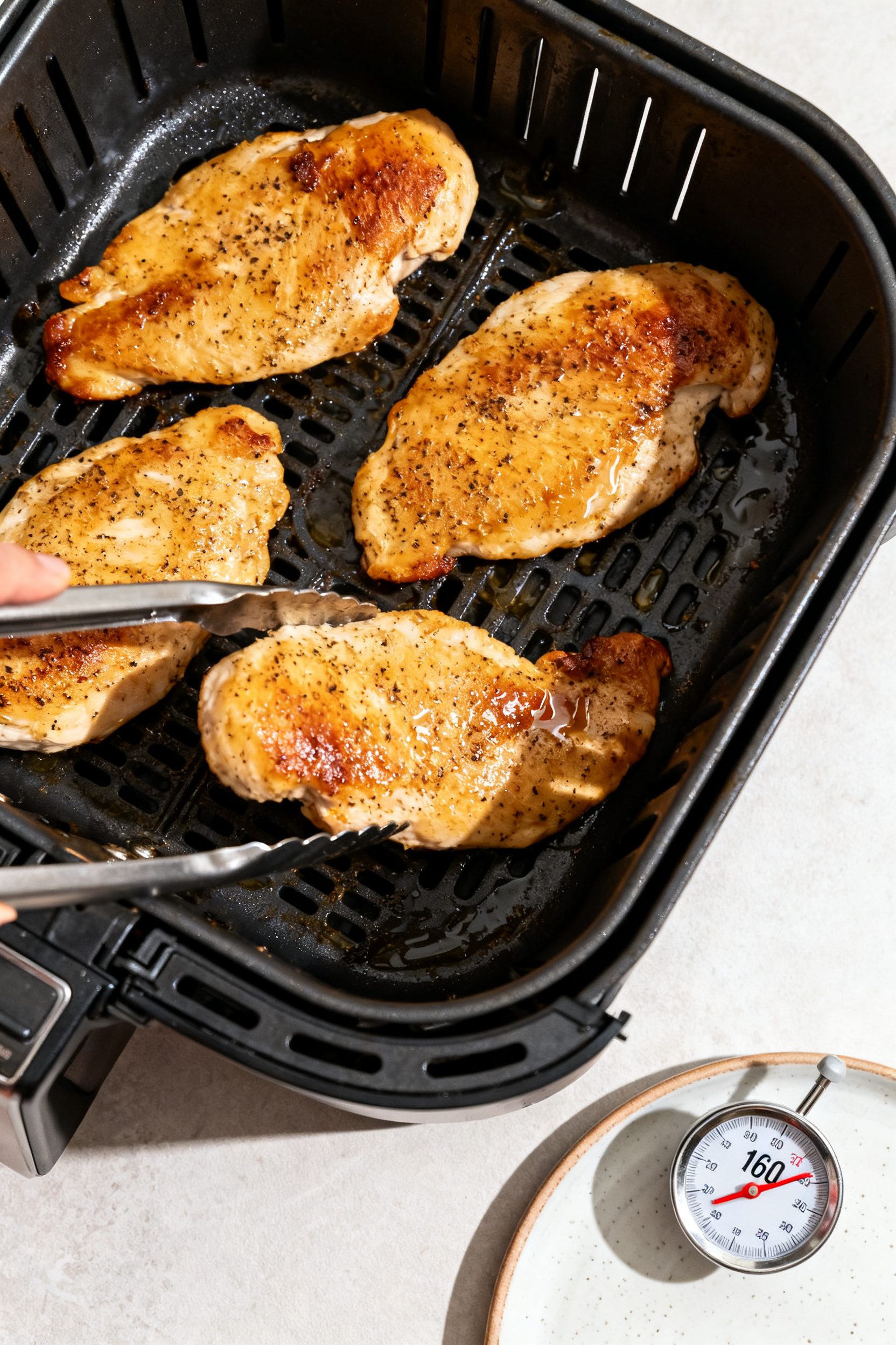 Cooking process: Overhead shot of seasoned chicken cutlets in an air fryer mid-cook at 375°F, evenl