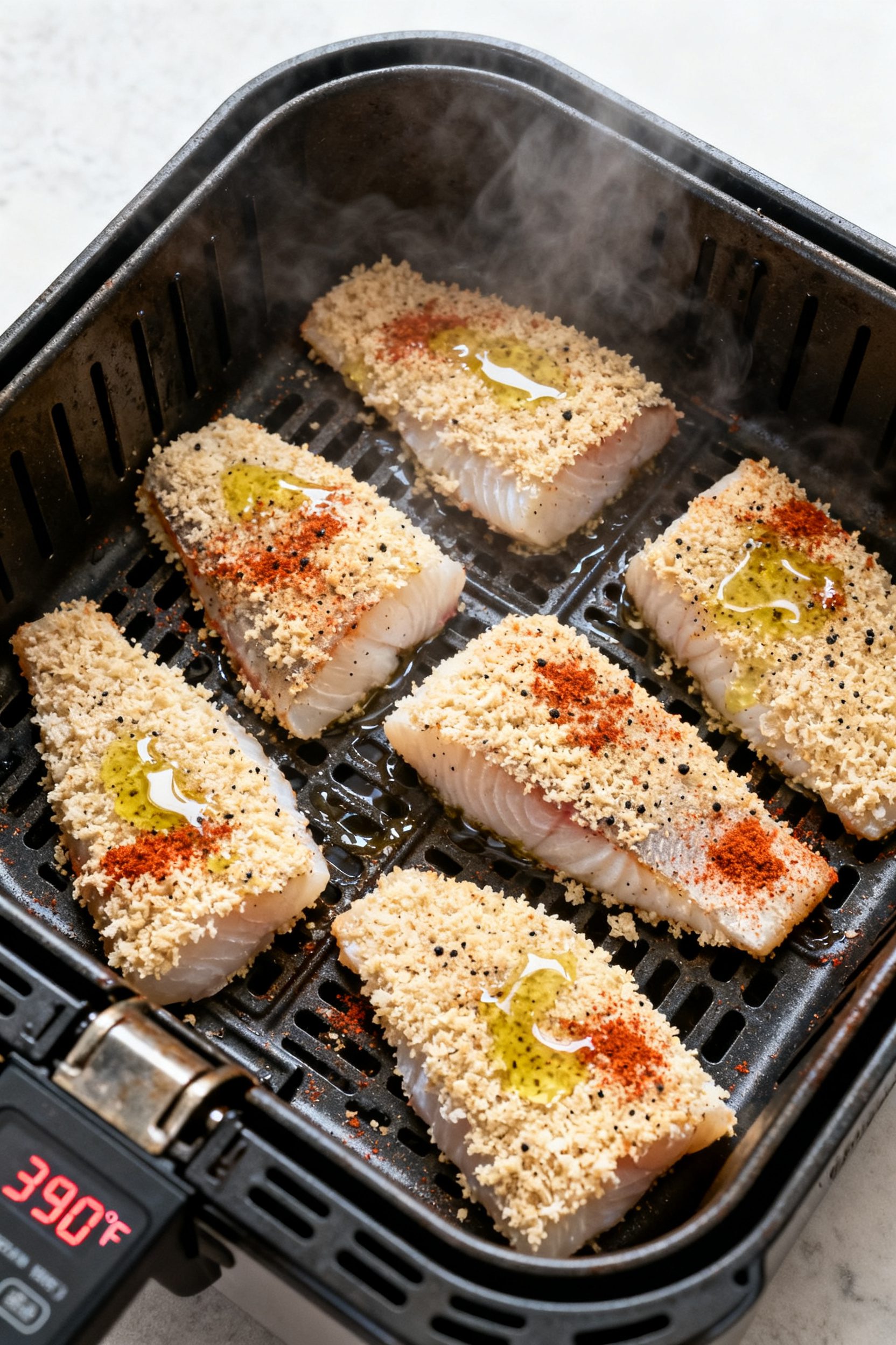 Cooking process: Overhead shot of seasoned cod fillets arranged crumb-side up in a preheated air fry