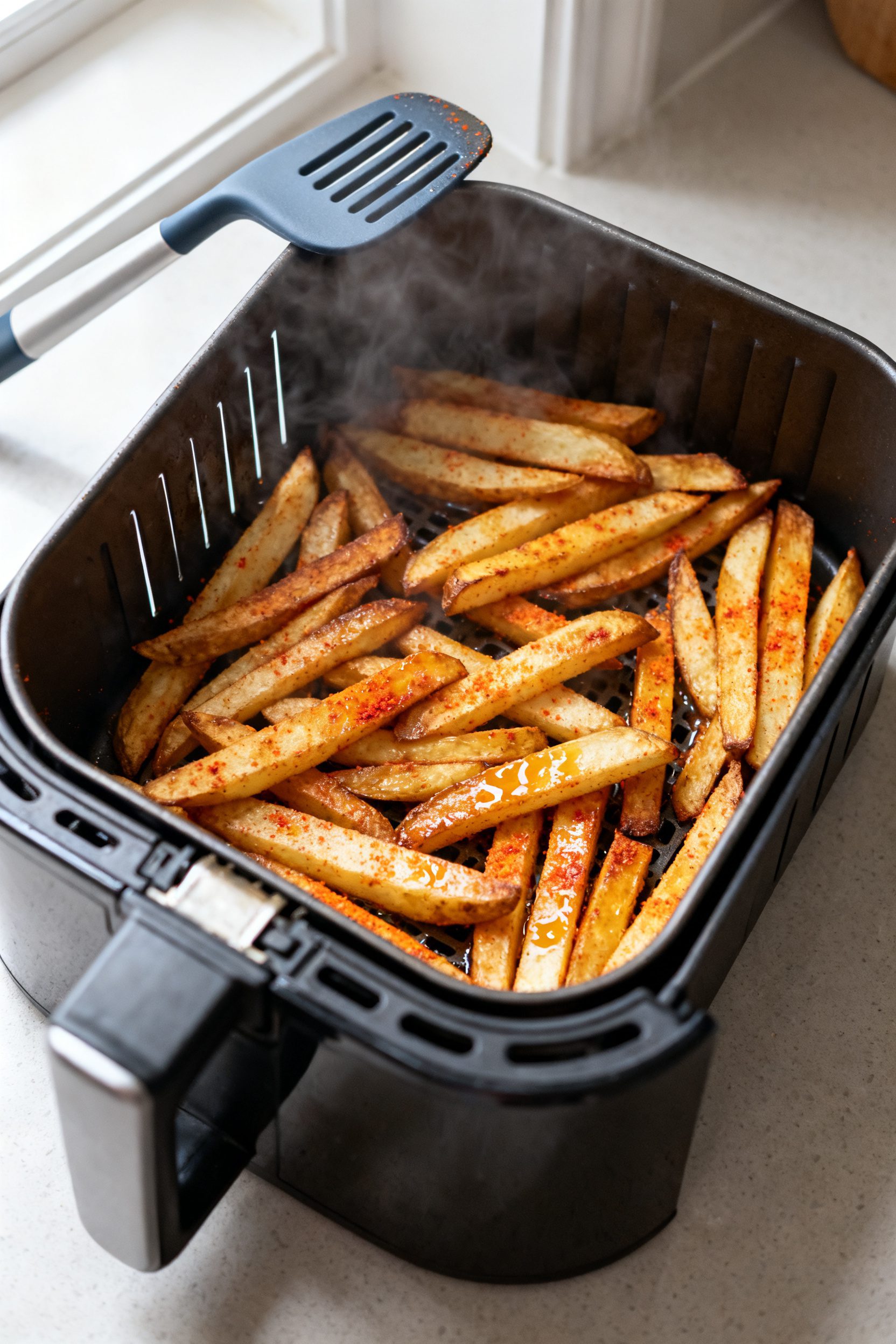 Cooking process: Overhead shot of seasoned fries mid-cook in an open air fryer basket at 380°F, fri