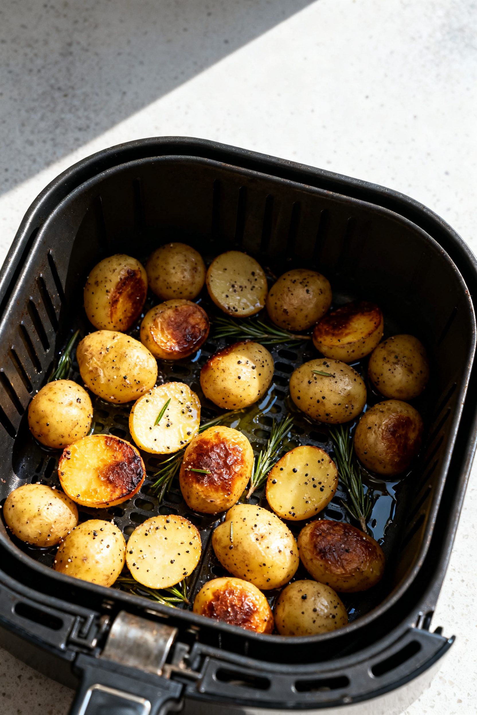 Cooking process: Overhead shot of seasoned petite potatoes mid-cook in an air fryer basket at 400°F