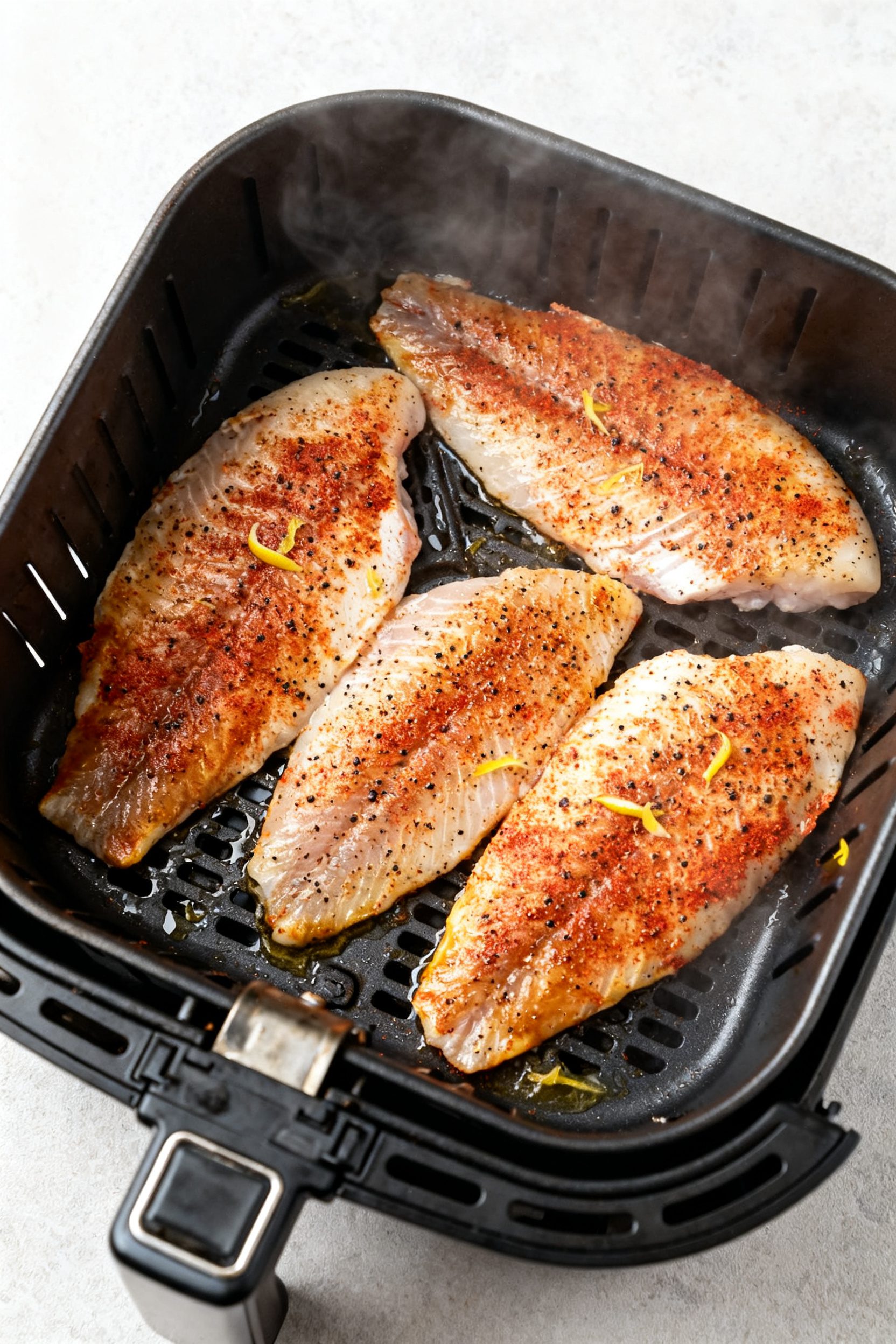 Cooking process: Overhead shot of seasoned tilapia fillets arranged in a single layer in a preheated