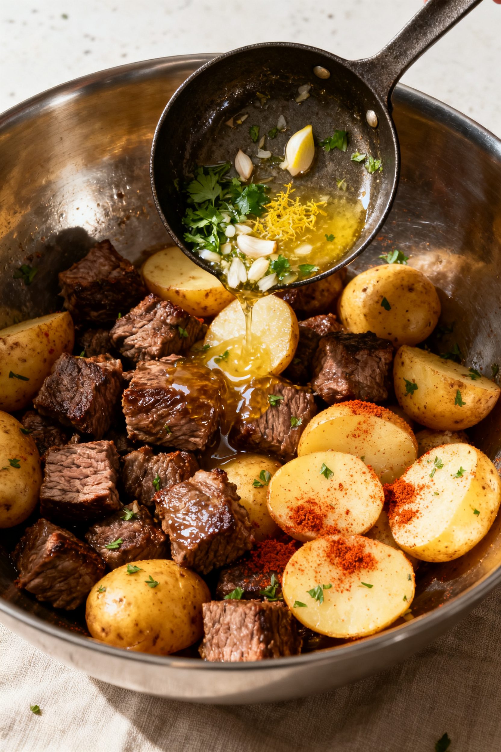 Cooking process: Overhead shot of steak bites and nearly-tender potatoes being combined in a large s