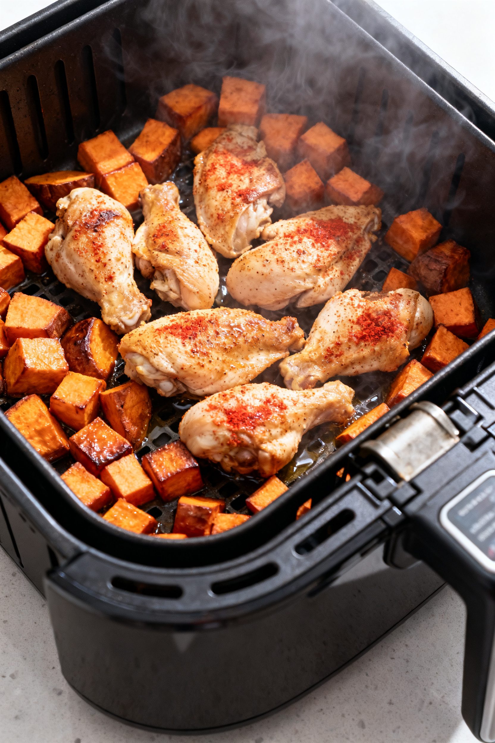 Cooking process: Overhead shot of the air fryer basket mid-cook after the “staggered” step—swe