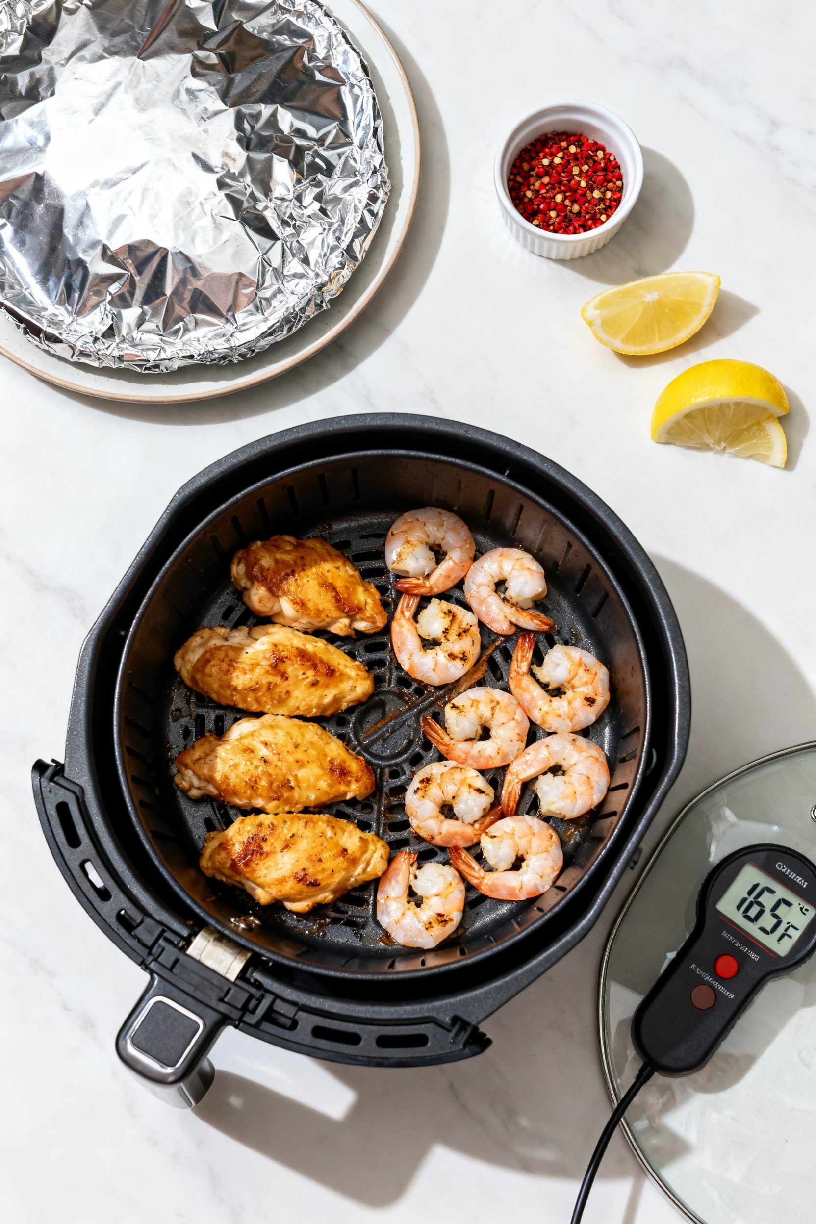 Cooking process: Overhead shot of the air fryer basket mid-cook showing a single, uncrowded layer—