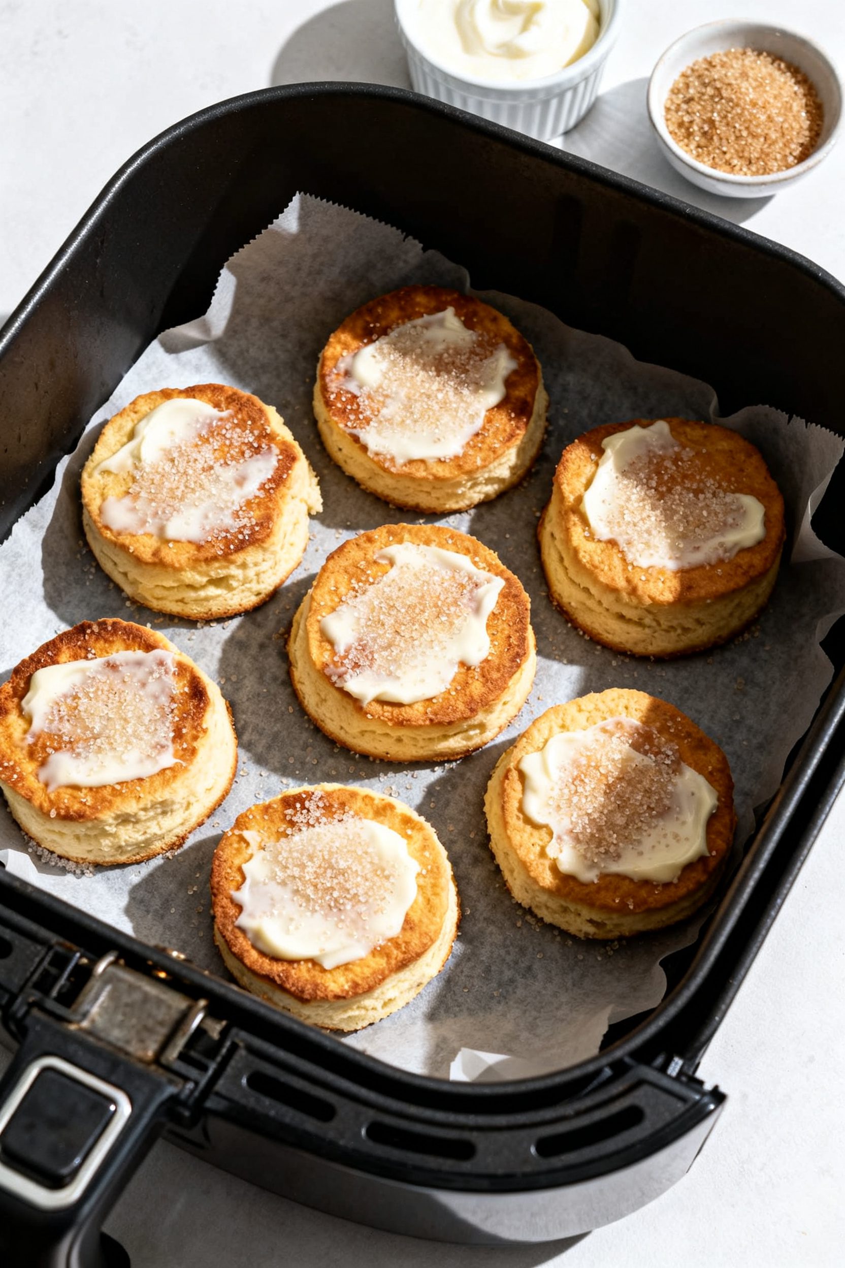 Cooking process: Overhead shot of the first batch of shortcakes spaced in a parchment-lined air frye