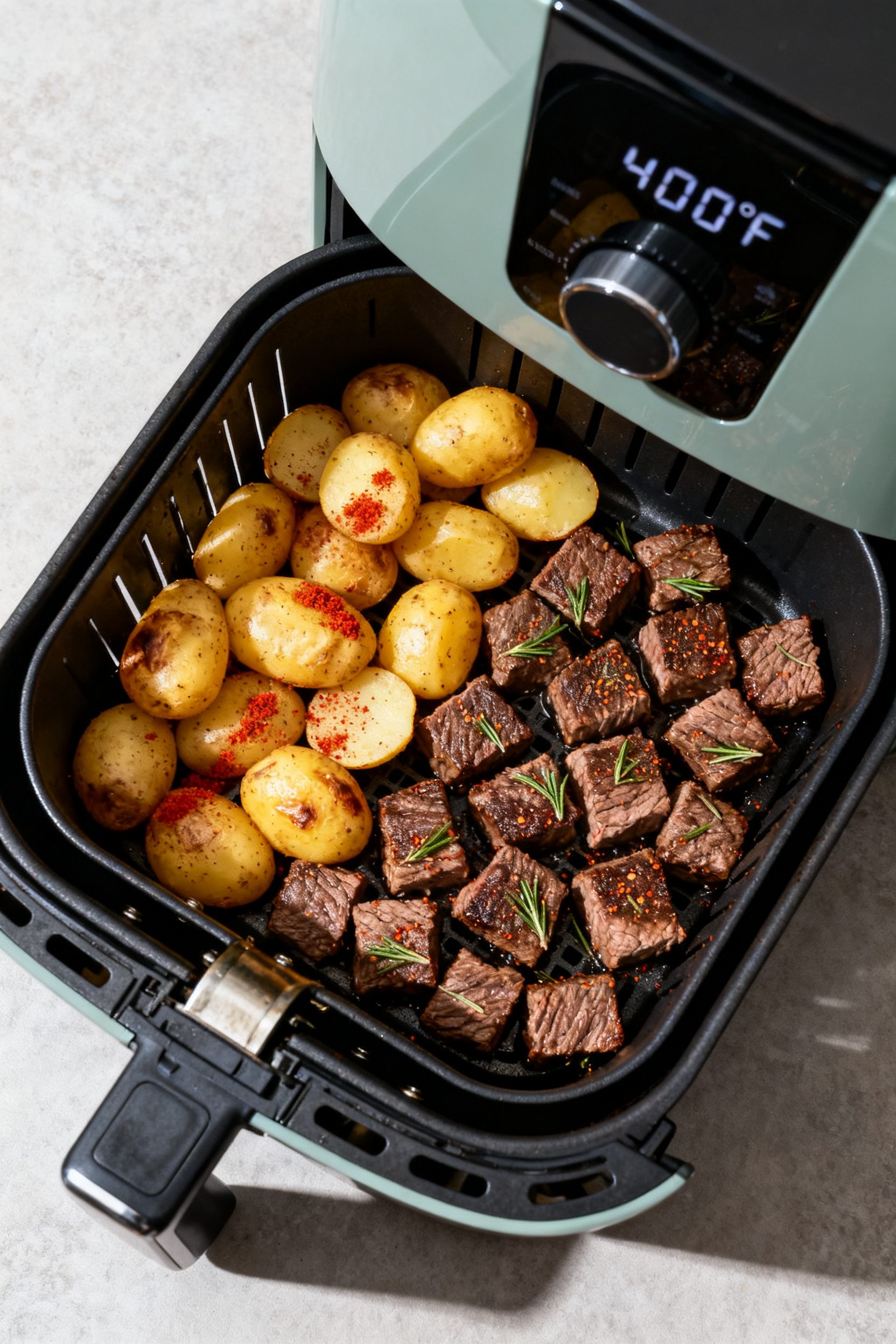 Cooking process: Overhead shot of the open air fryer basket at the mid-stage—golden potatoes pushe