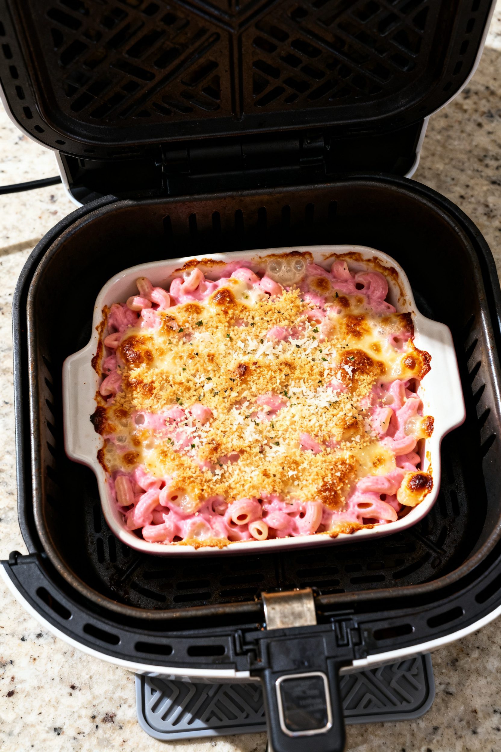 Cooking process: Overhead shot of the pink mac and cheese in an air fryer–safe dish inside an open