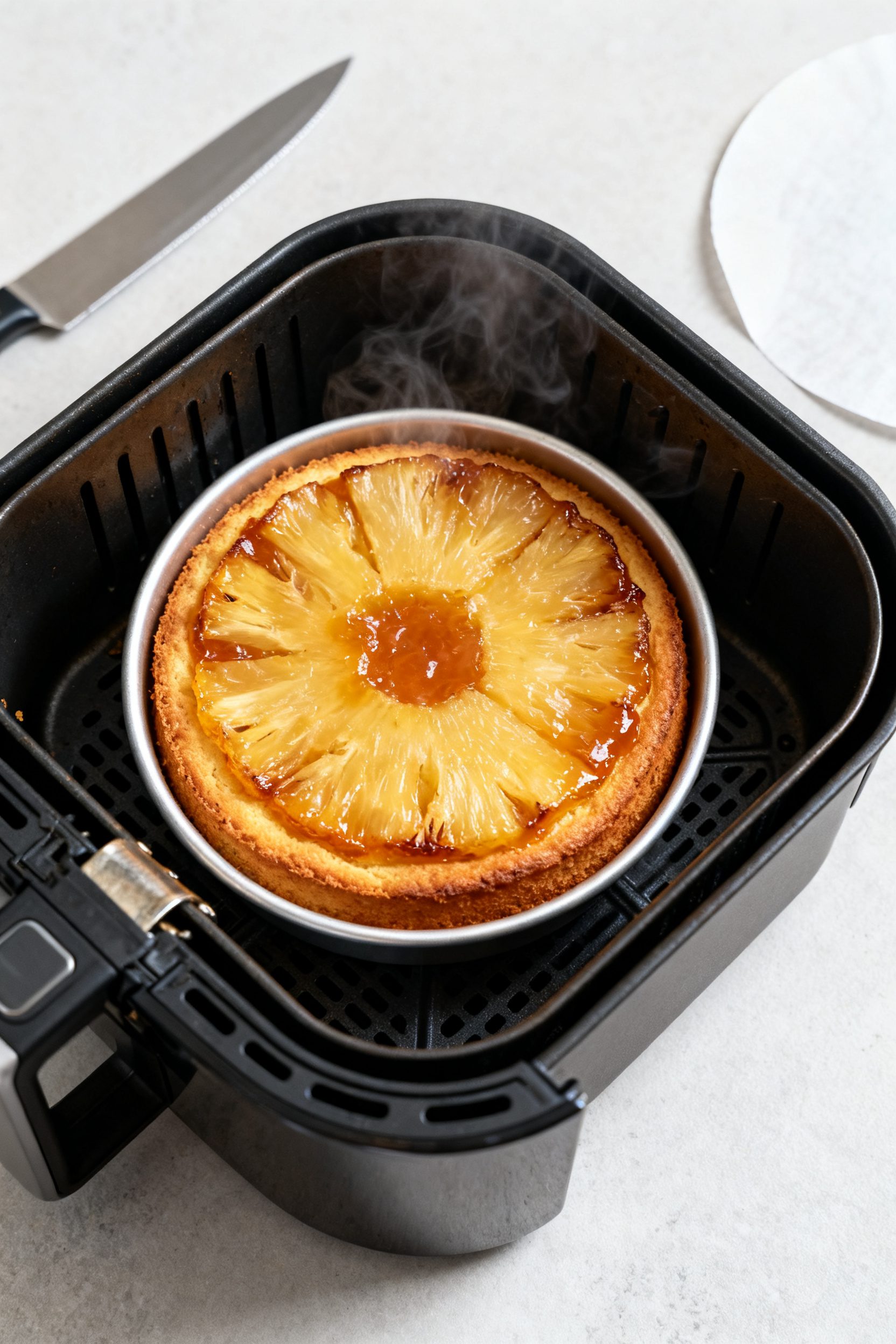 Cooking process: Overhead shot of the small round cake pan just placed in an air fryer basket, showi