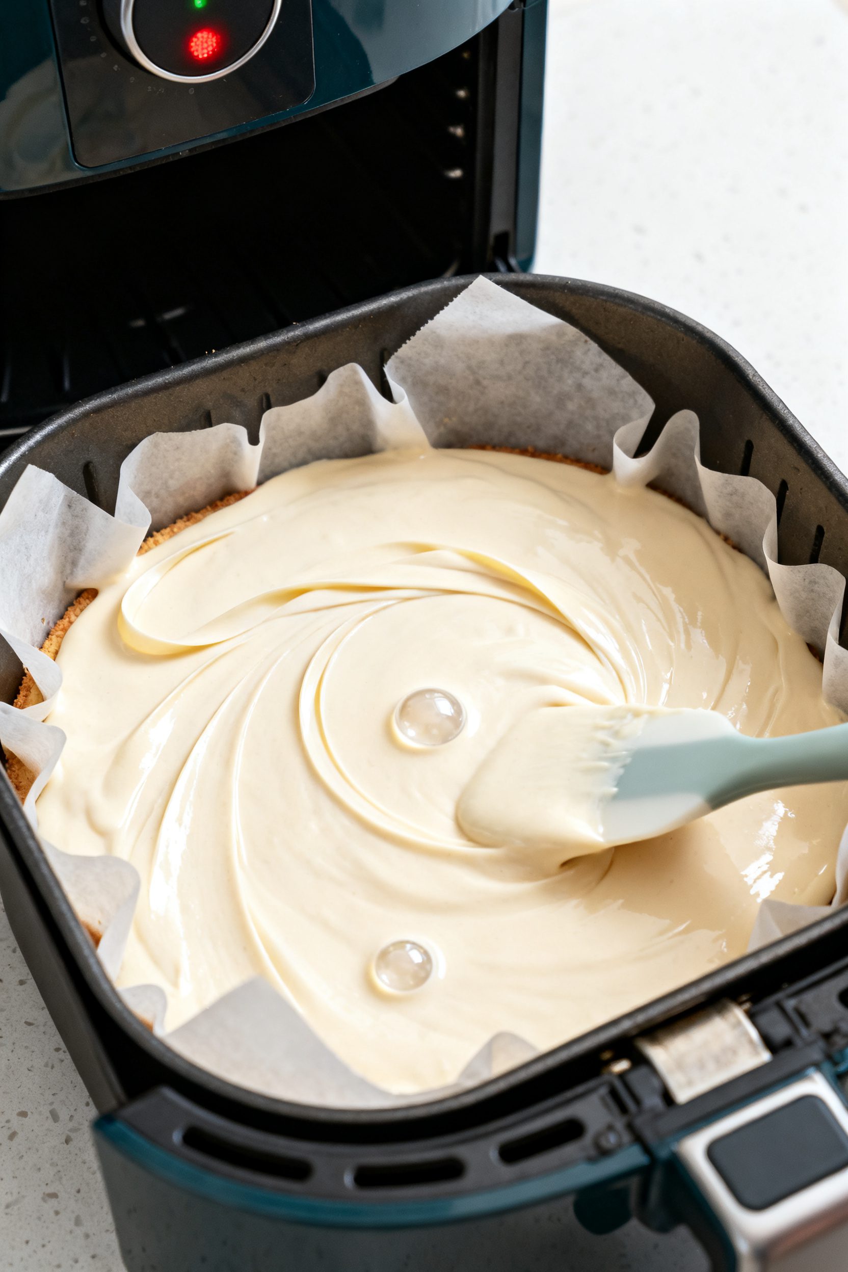 Cooking process: Overhead shot of the tempered batter being poured into a parchment-lined, lightly g