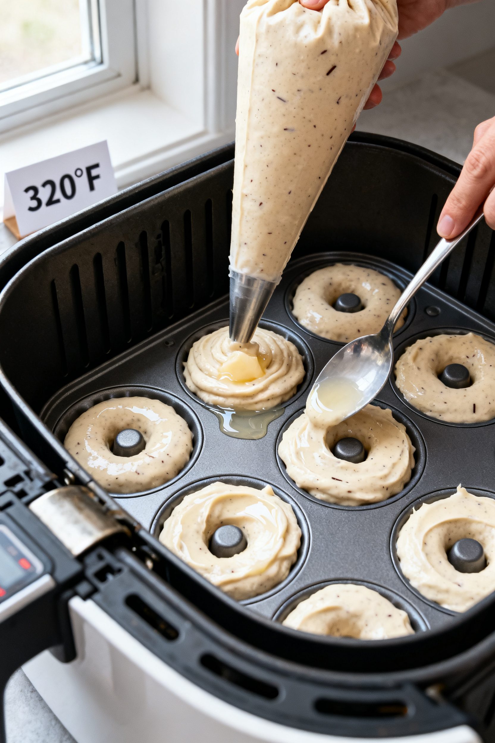 Cooking process: Overhead shot of thick, scoopable donut batter being piped into greased silicone do
