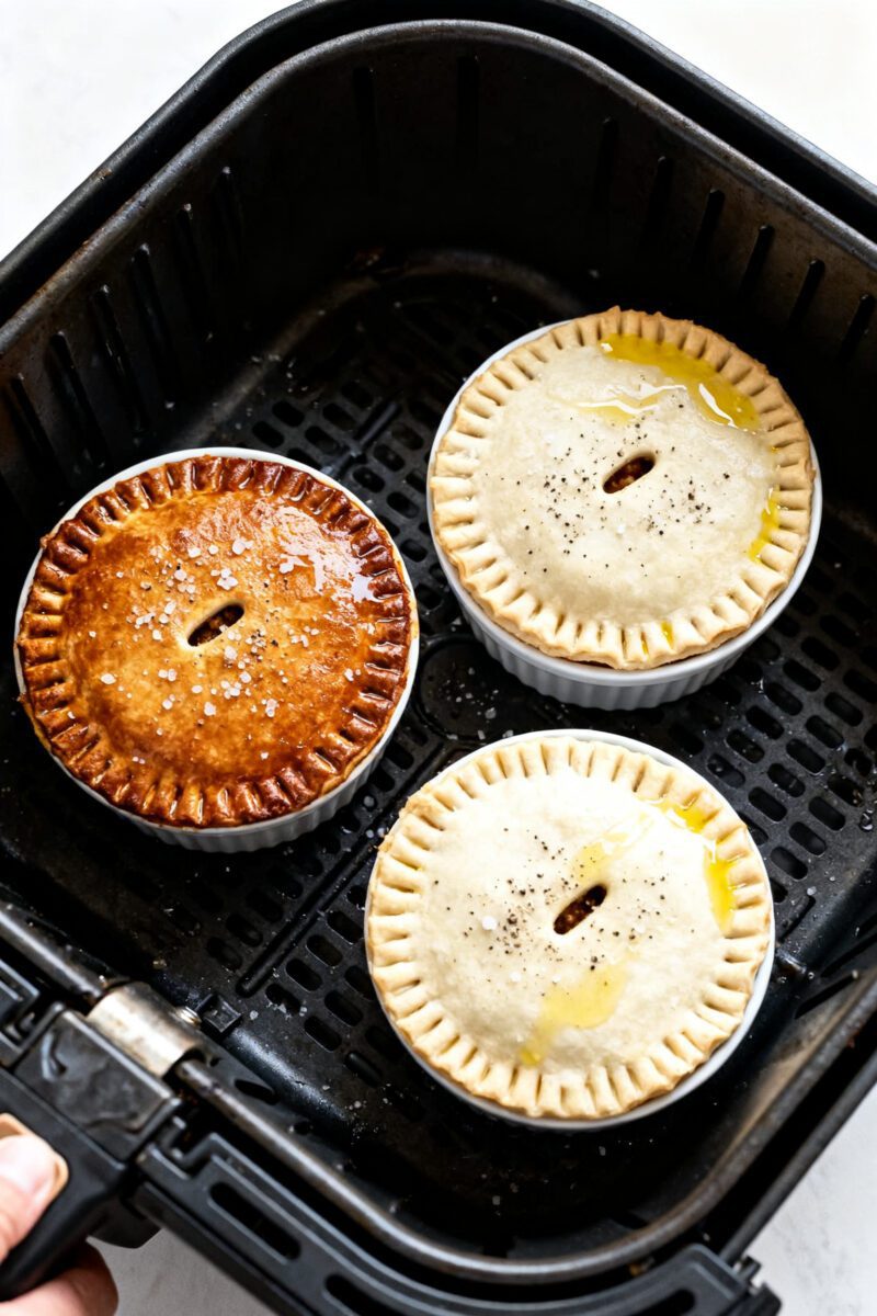 Cooking process: Overhead shot of three ramekins spaced in an air fryer basket at 360°F, each toppe