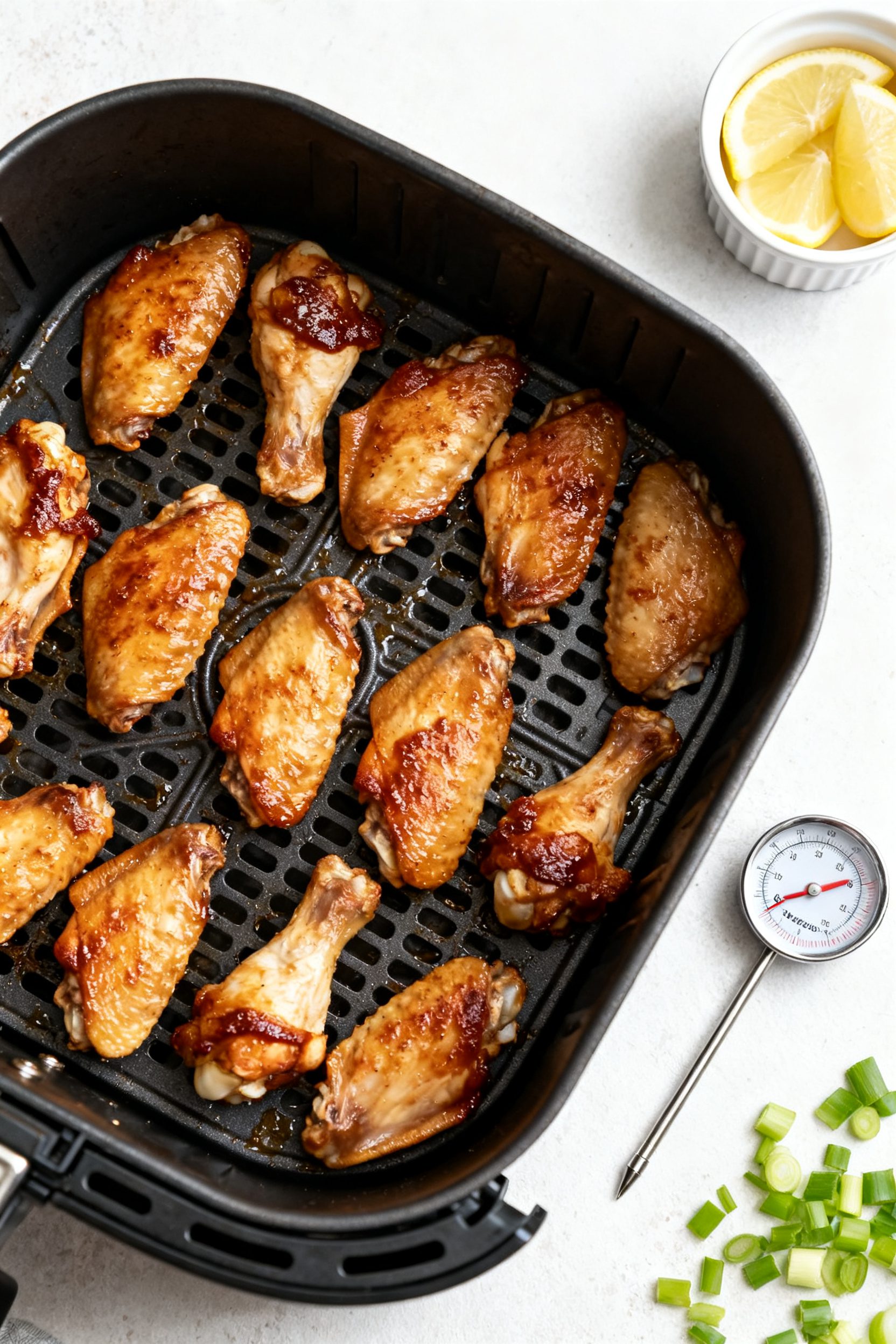 Cooking process: Overhead shot of turkey wings arranged in a single layer in an air fryer basket mid