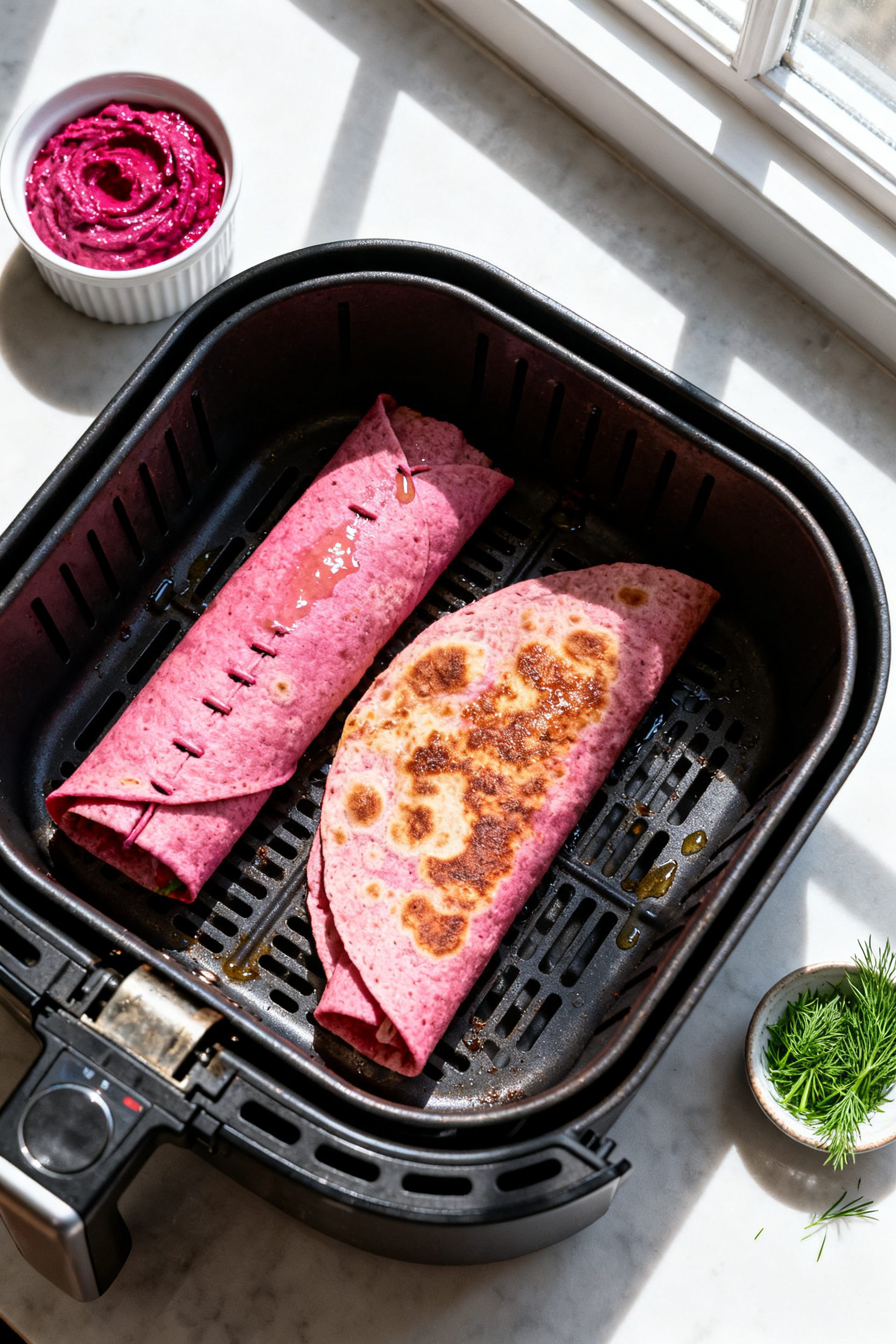 Cooking process: Overhead shot of two assembled pink tortillas rolled tight and placed seam-side dow