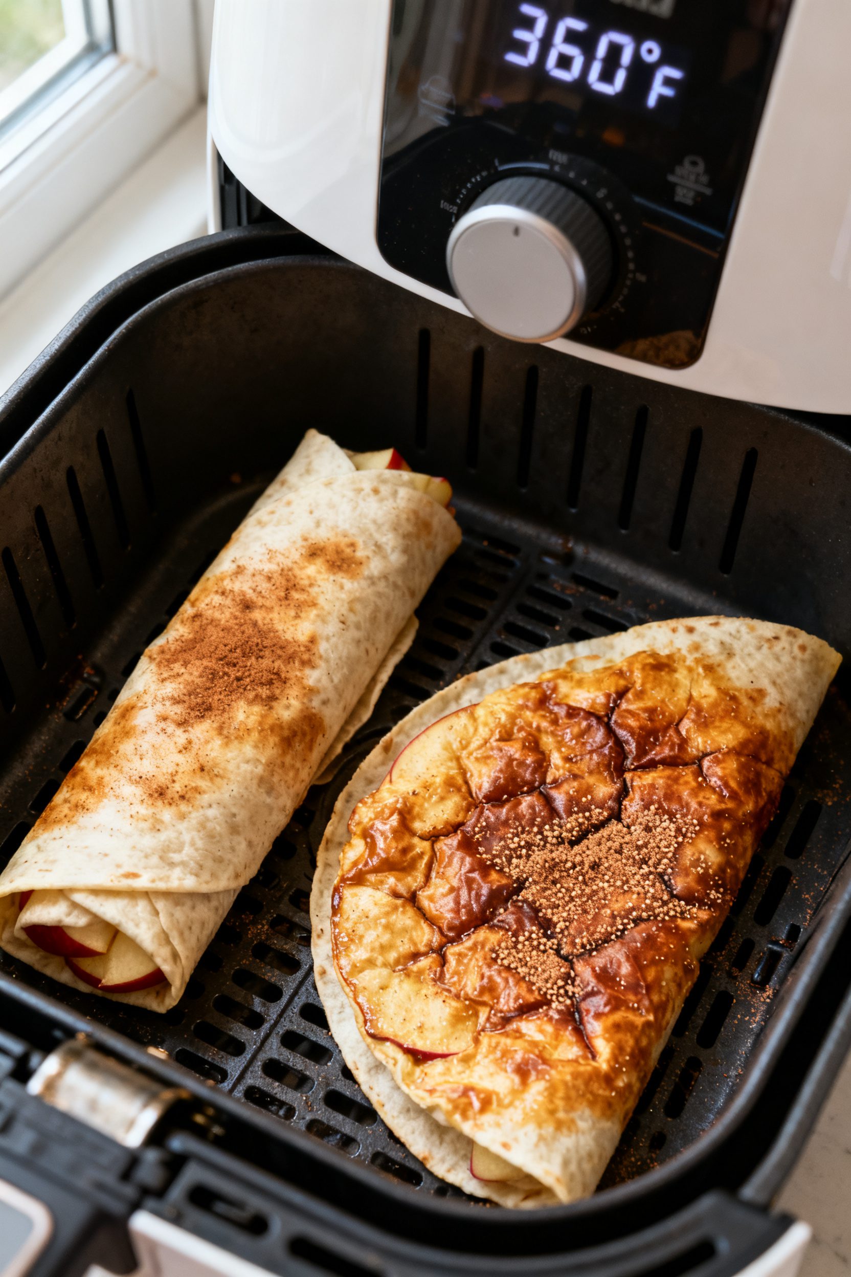 Cooking process: Overhead shot of two butter-brushed, tightly rolled apple tortilla wraps sitting se